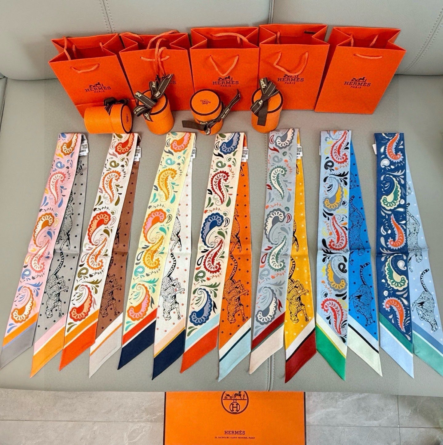 HM Twilly Mini Scarf 86CM Beige Blue Mulberry Silk 965635