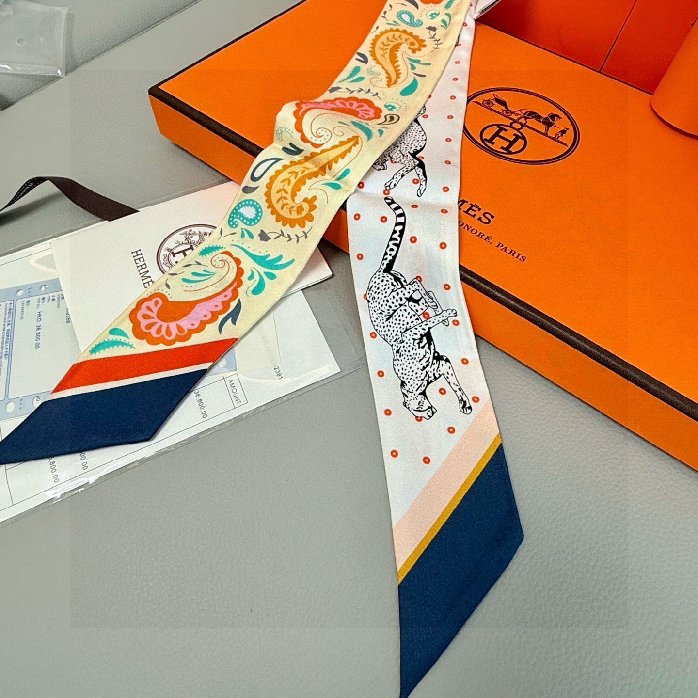 HM Twilly Mini Scarf 86CM Beige Blue Mulberry Silk 965635