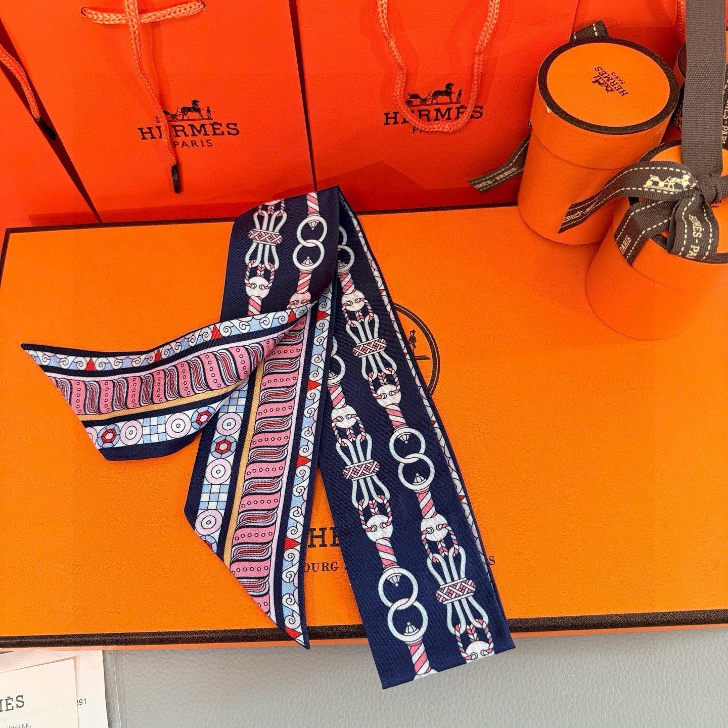 HM Twilly Mini Scarf 86CM Blue Pink Mulberry Silk 967448