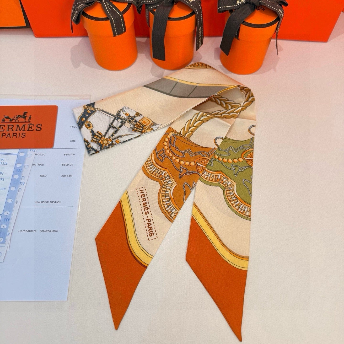 HM Twilly Mini Scarf 86CM Orange Beige Mulberry Silk 968830