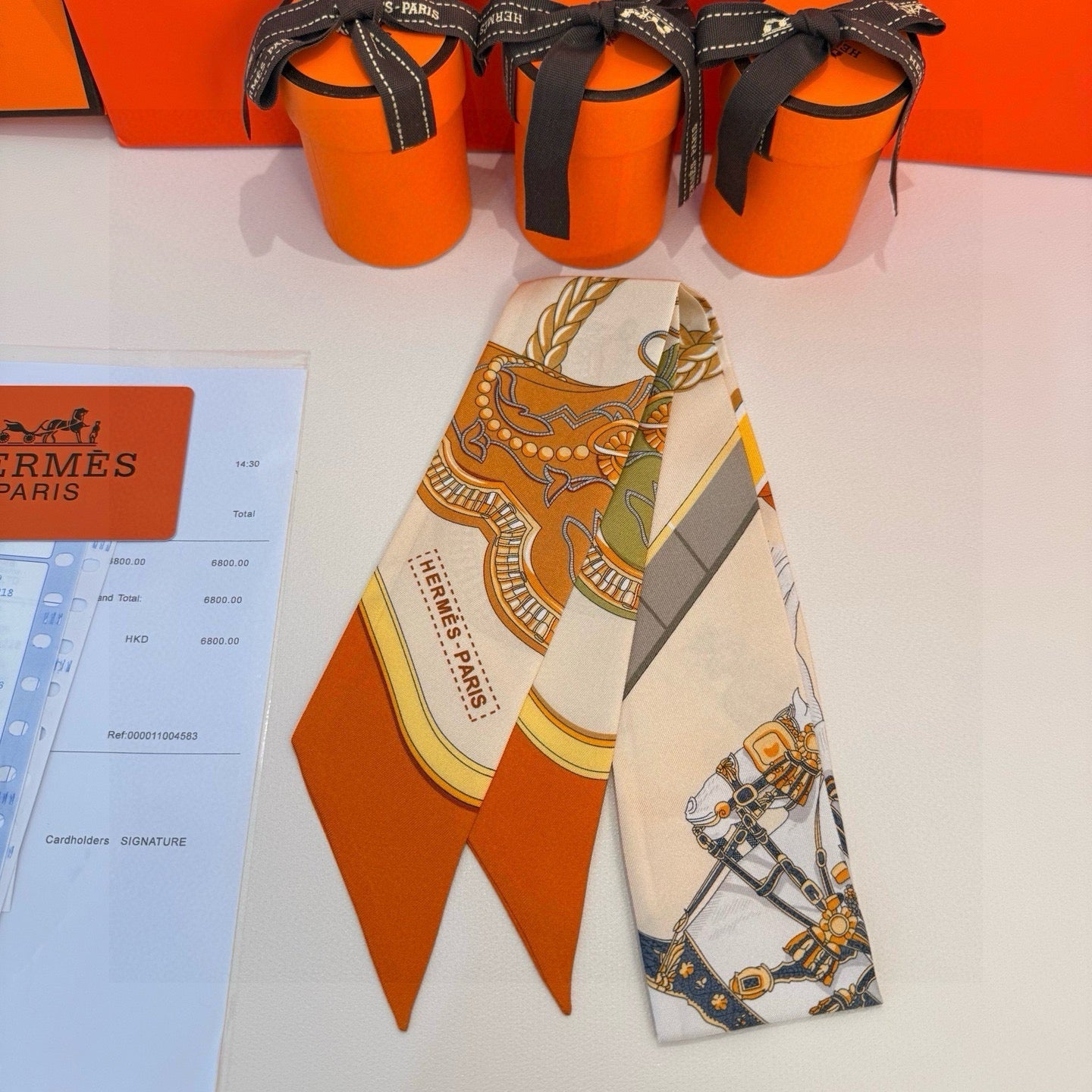 HM Twilly Mini Scarf 86CM Orange Beige Mulberry Silk 968830