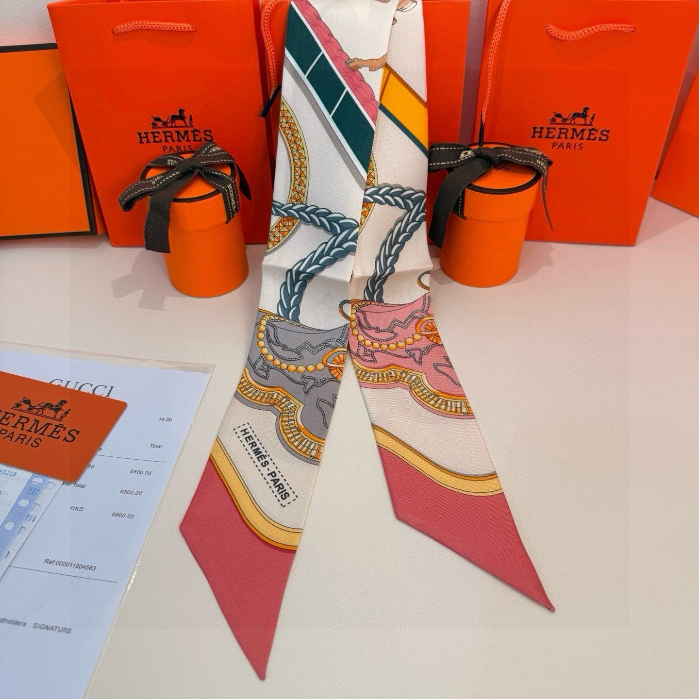 HM Twilly Mini Scarf 86CM Pink Beige Mulberry Silk 968831