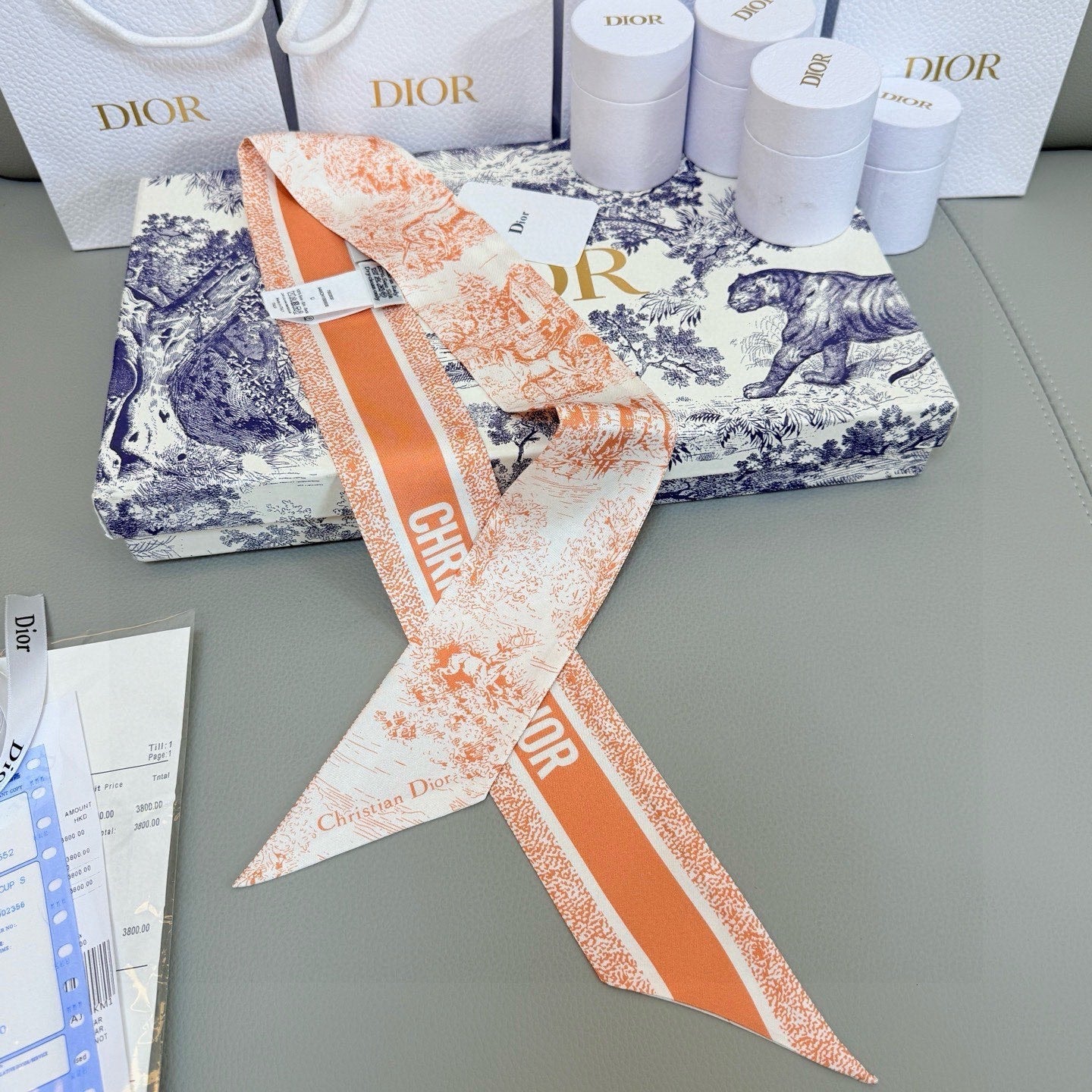 CD Twilly Mini Scarf 105cm Orange White Mulberry Silk 976490