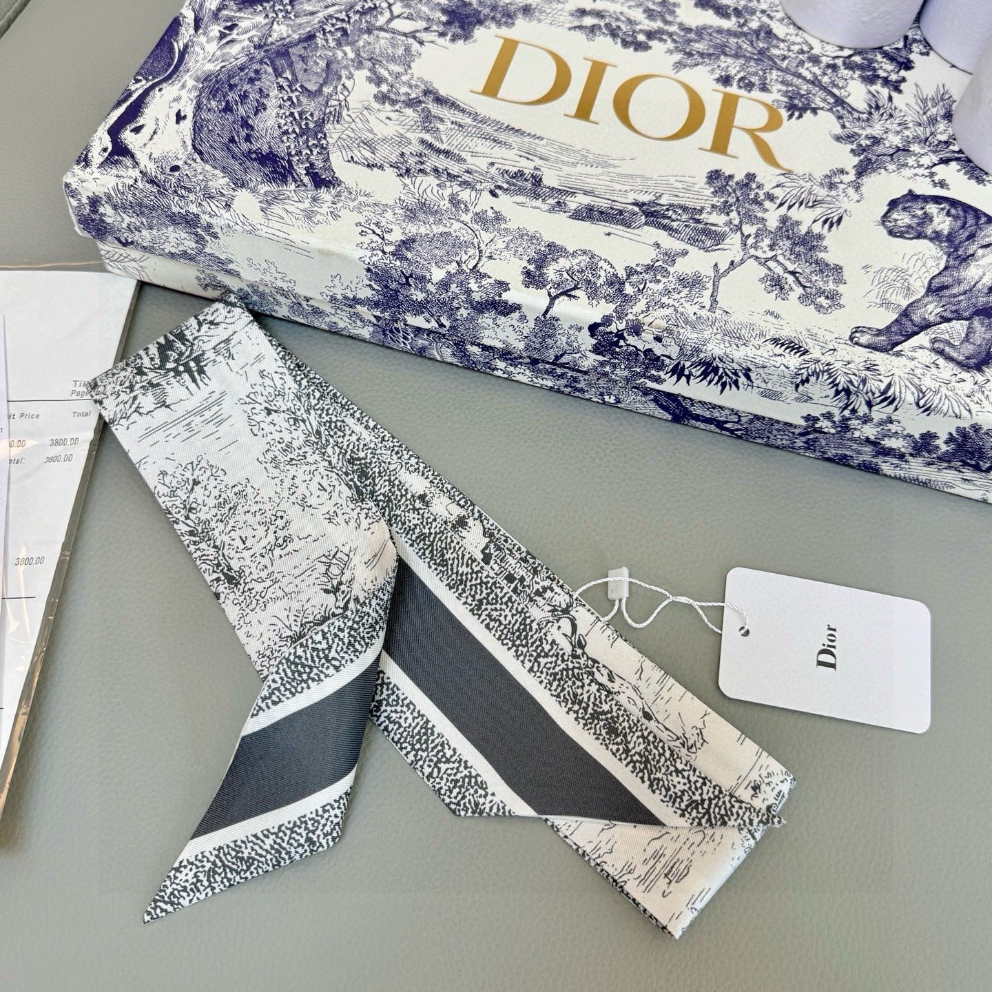 CD Twilly Mini Scarf 105cm Black White Mulberry Silk 976492