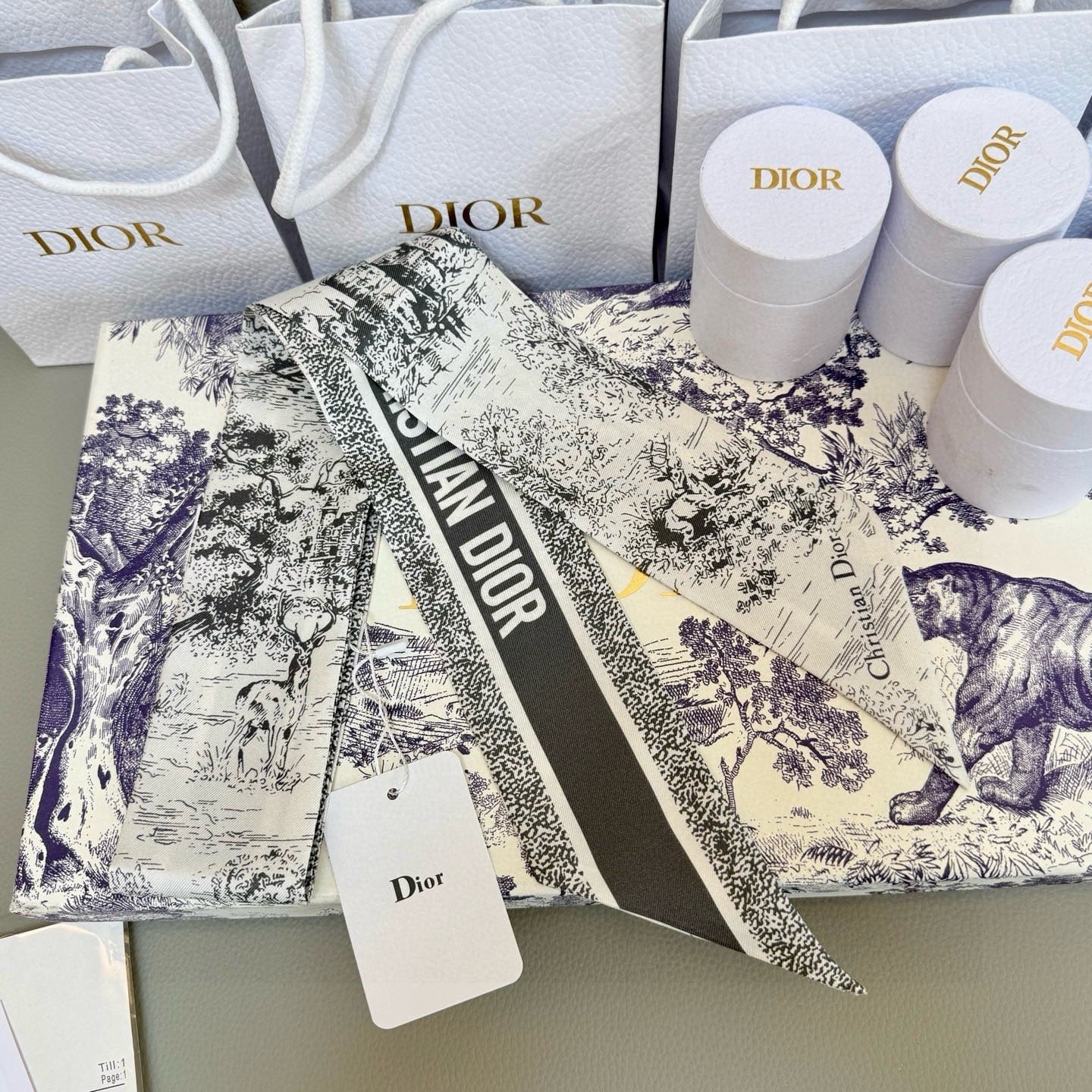 CD Twilly Mini Scarf 105cm Black White Mulberry Silk 976492