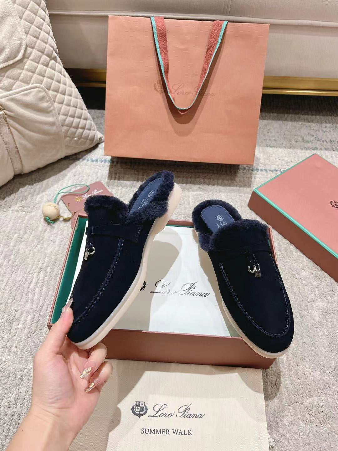LP Charms Walk Babouche Loafer Space Blue Suede With Rabbit Fur Lining 206227