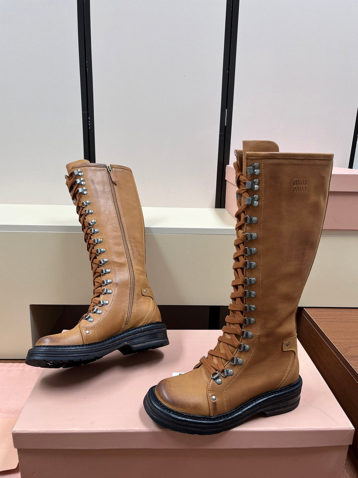 Miu Miu 2026 Lace-Up Boots Tan Leather 157085
