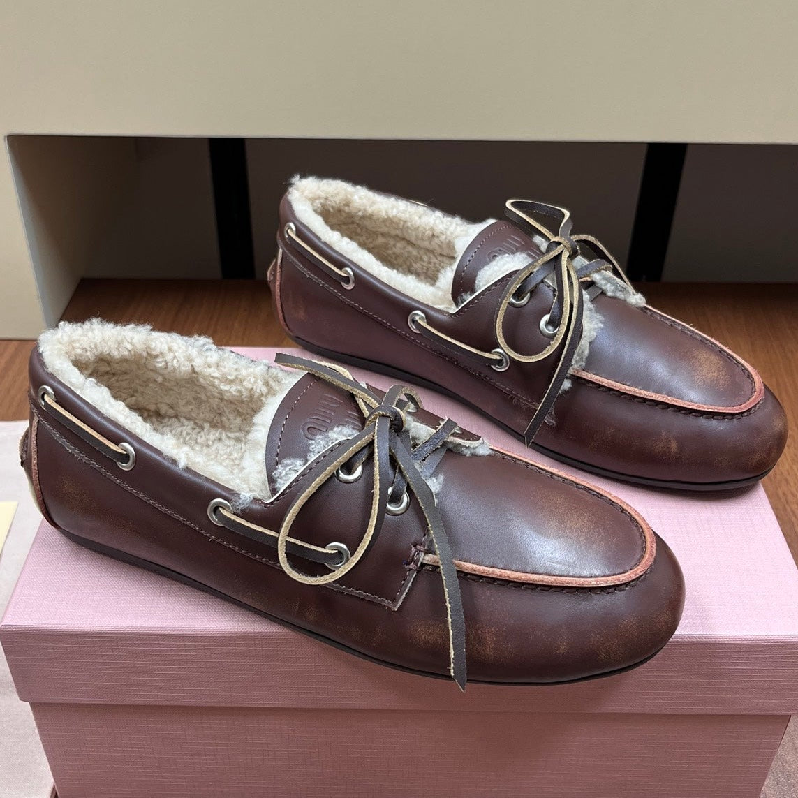 Miu Miu 2026 Boat Loafers Leather Suede Wool 157103