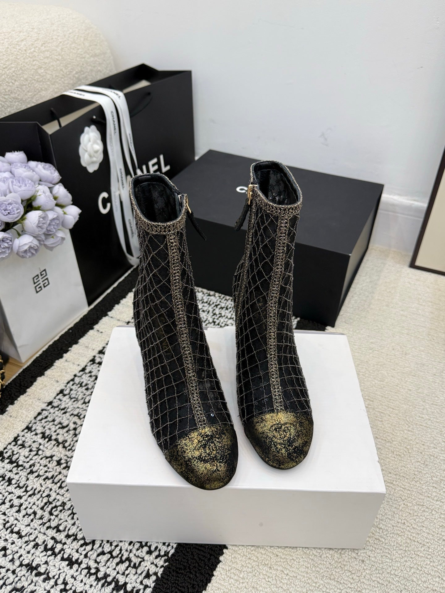 CC 26 Wedge Heel Boot Black Mesh Leather 588857