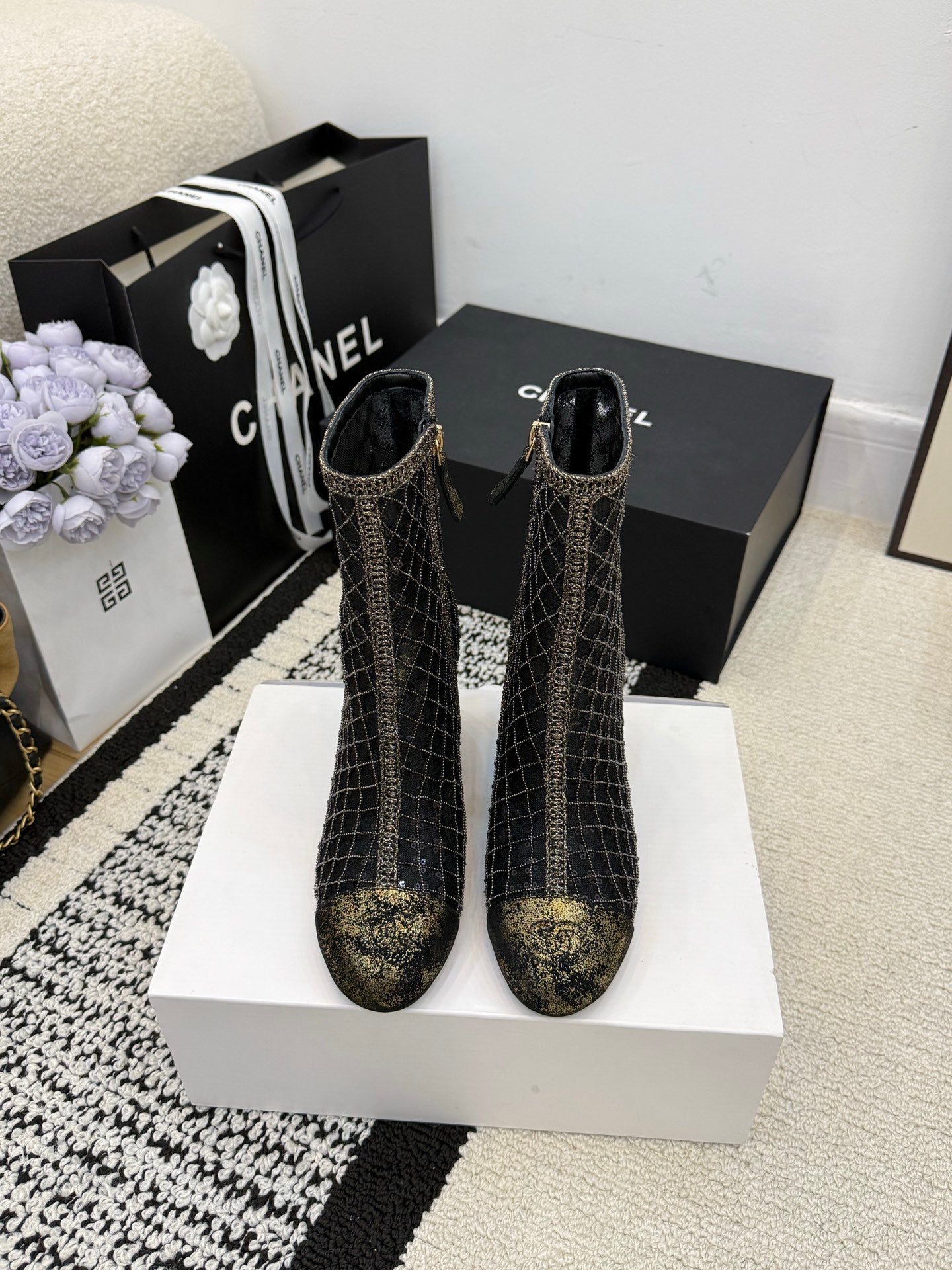 CC 26 Wedge Heel Boot Black Mesh Leather 588857