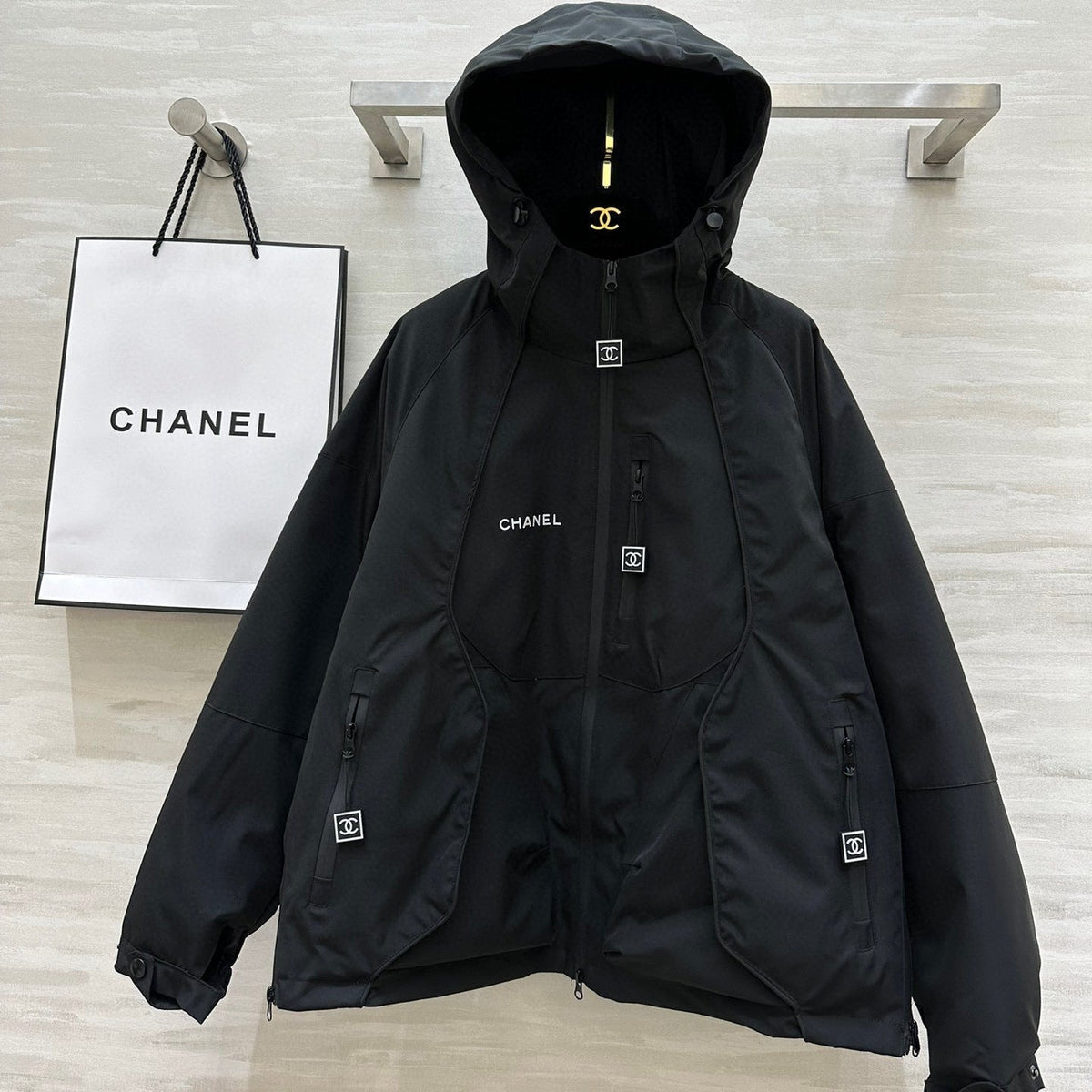 Chanel 25 Hooded Windbreaker Jacket Black Down Cotton 312195