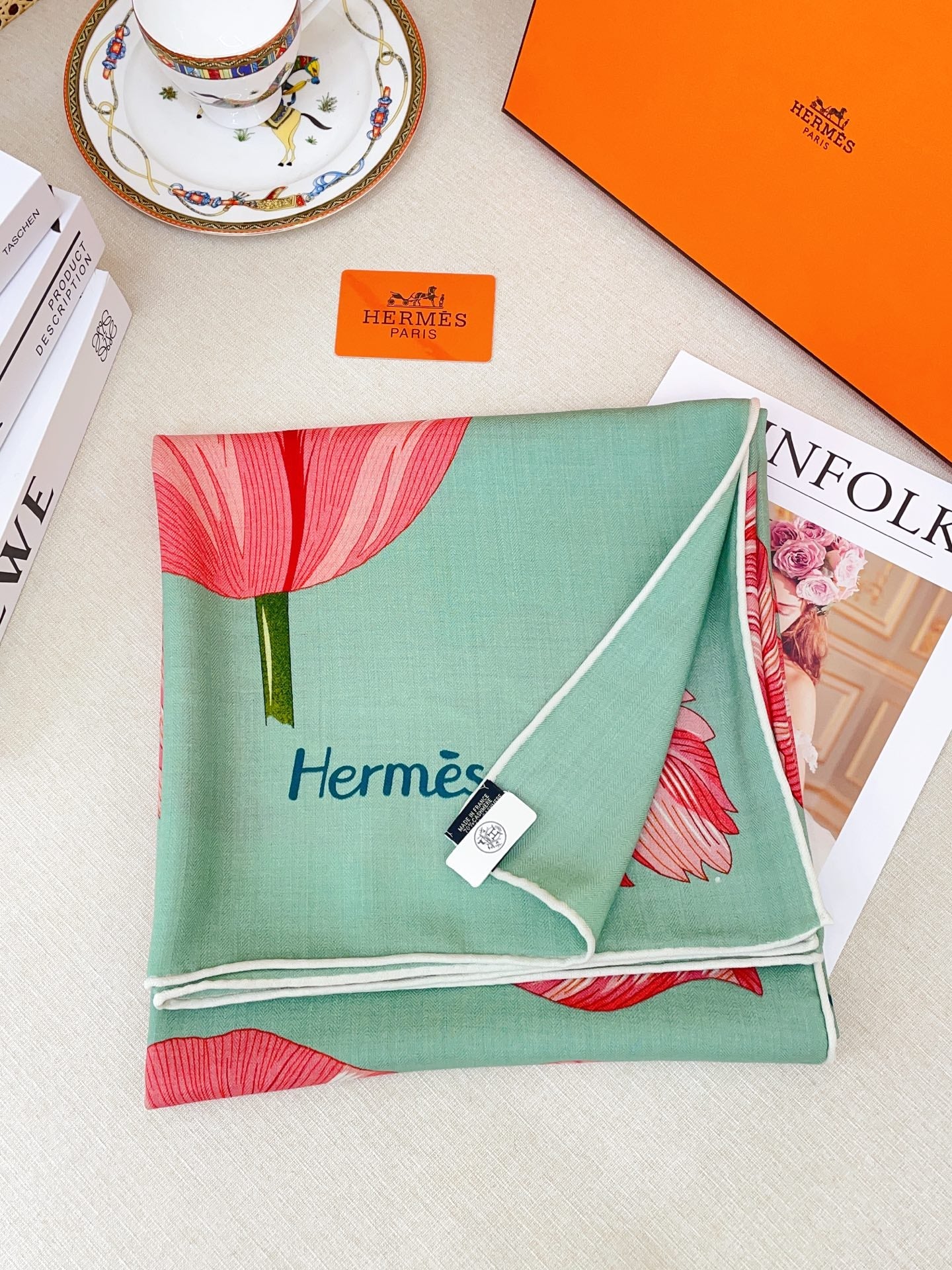 HM 25s Scarf 140cm Green Pink Cashmere 973318