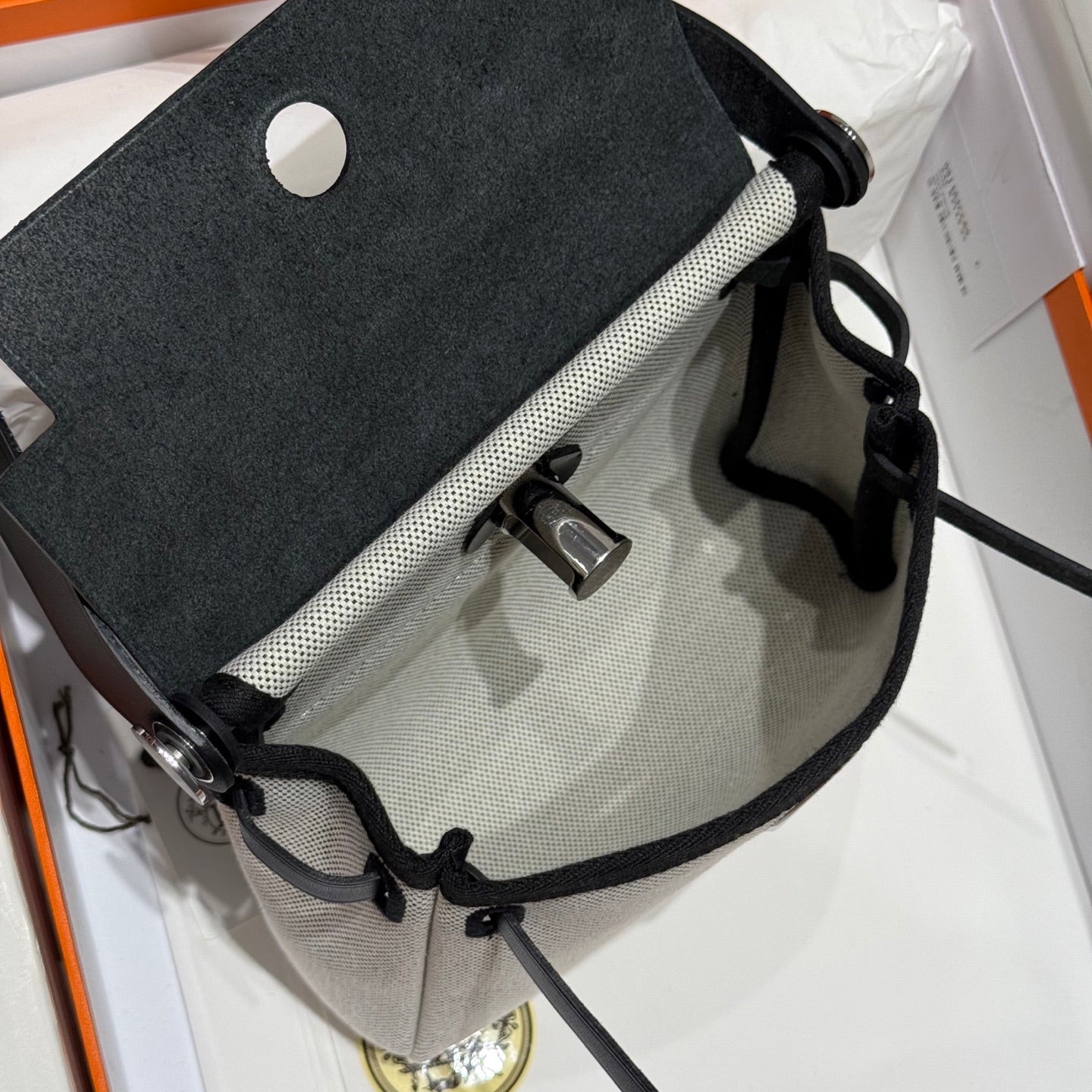 HM Mini Herbag Silver Buckle 20 Ecru White Canvas and Hunter Cowhide 243231