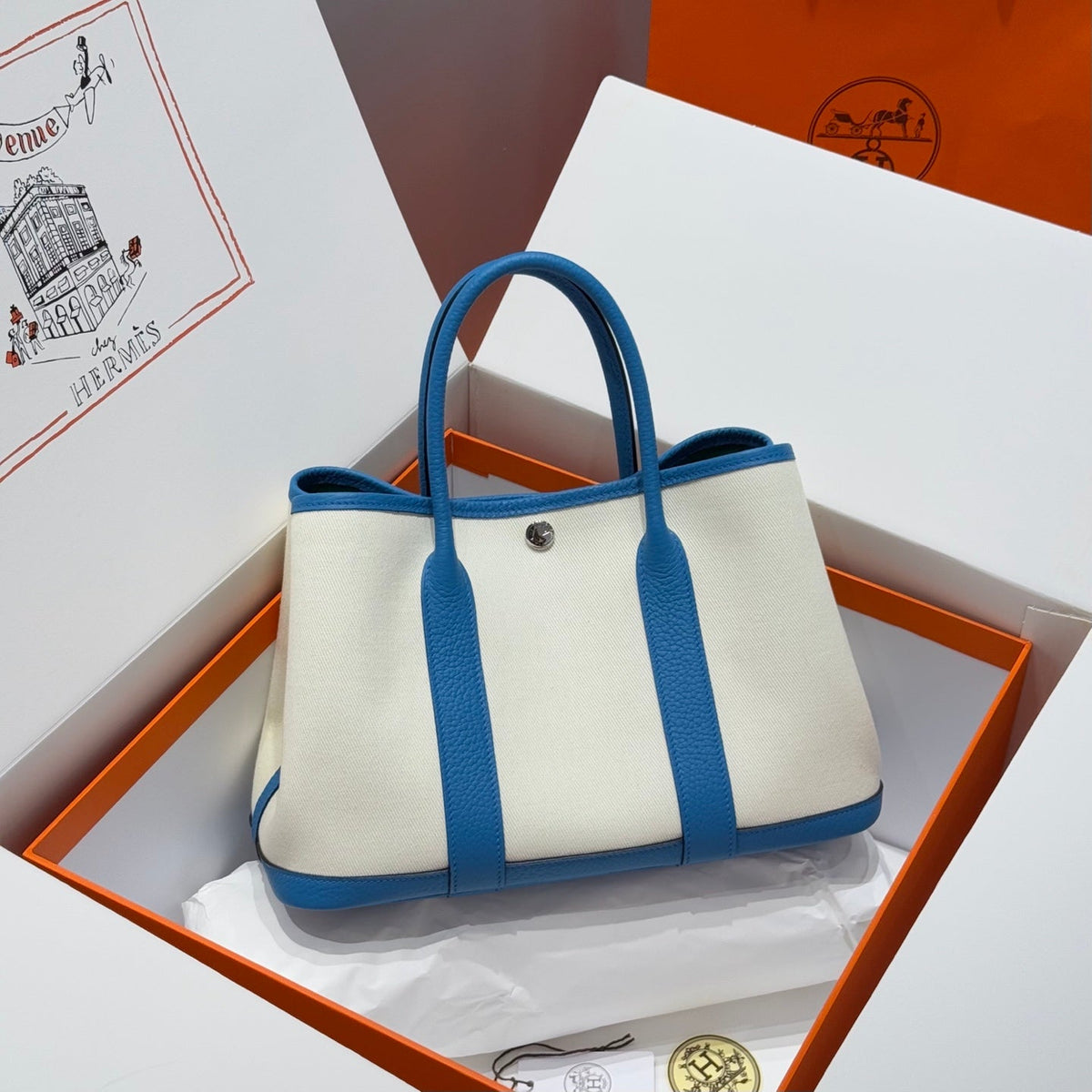 HM Garden Party 30cm Bag Blue Togo Cream Canvas