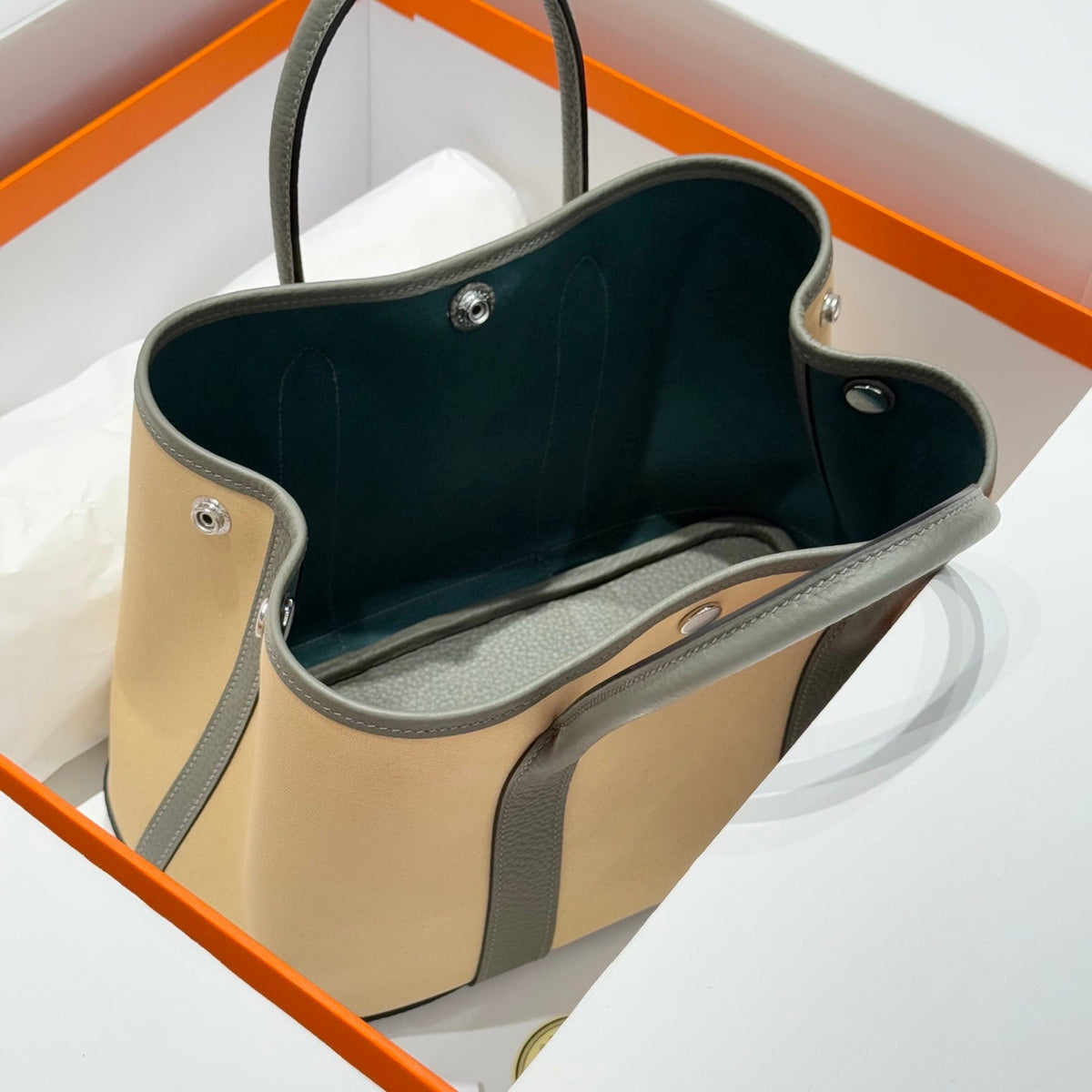 HM Garden Party 30cm Bag Vert Amande Togo Beige Canvas