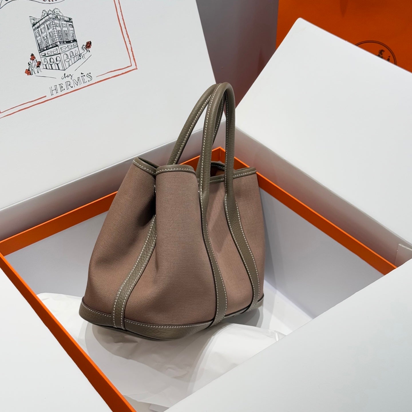 HM Garden Party 30cm Bag Etoupe Togo Chocolate Canvas