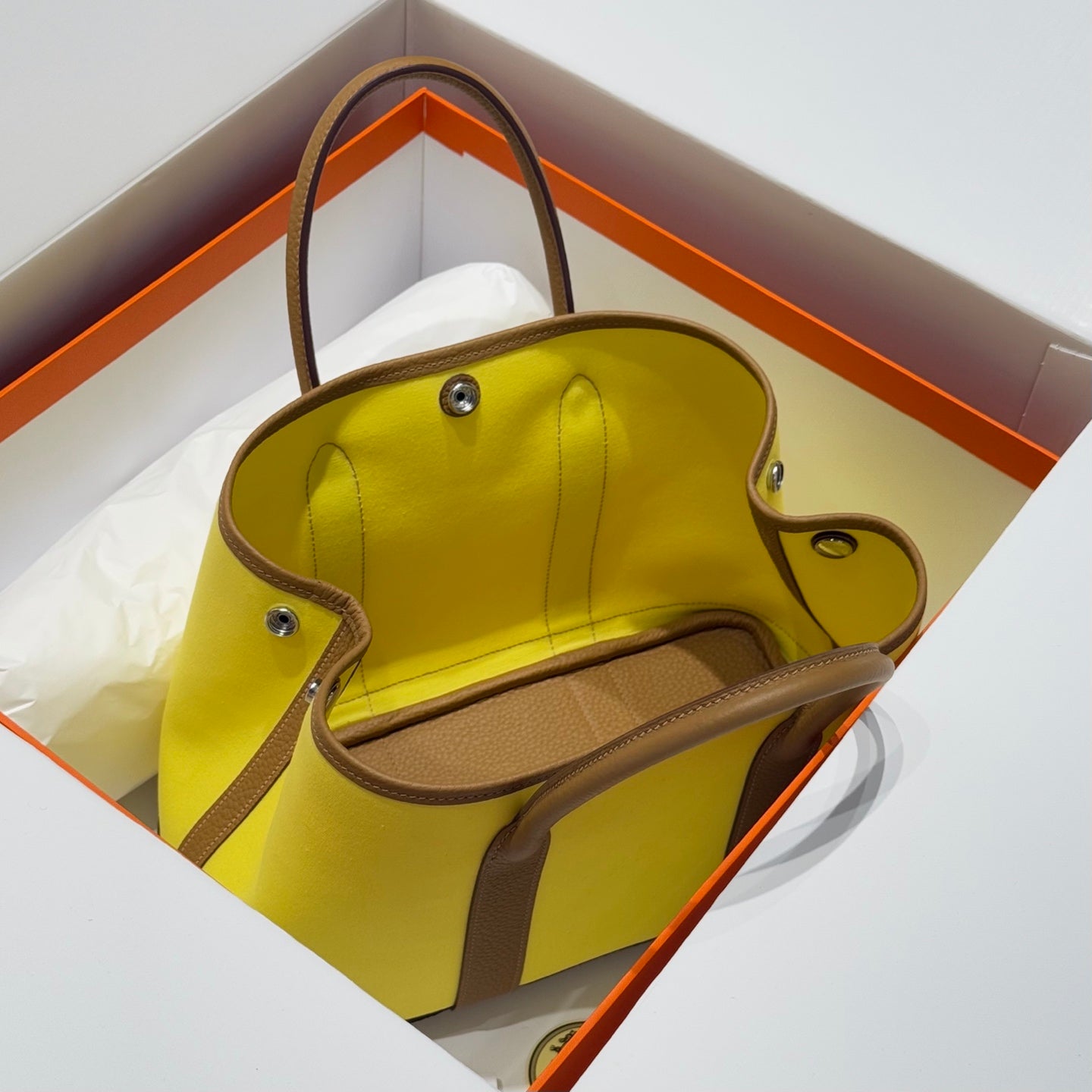 HM Garden Party 30cm Bag Brown Togo Yellow Canvas