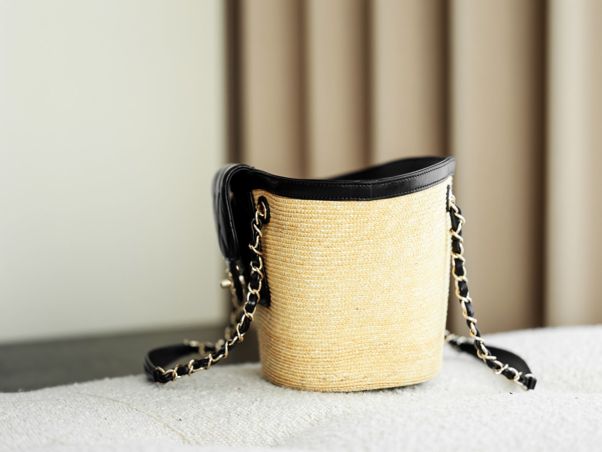 Chanel 2026 Shopping Bag 40cm Beige Black Straw Lambskin 351031
