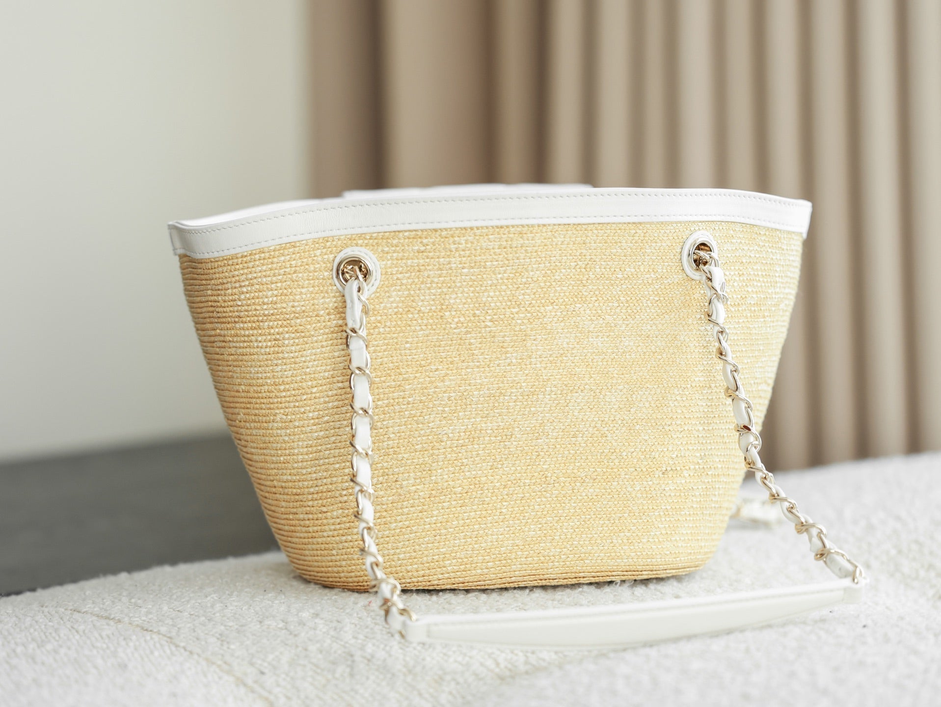 Chanel 2026 Shopping Bag 40cm Beige White Straw Lambskin