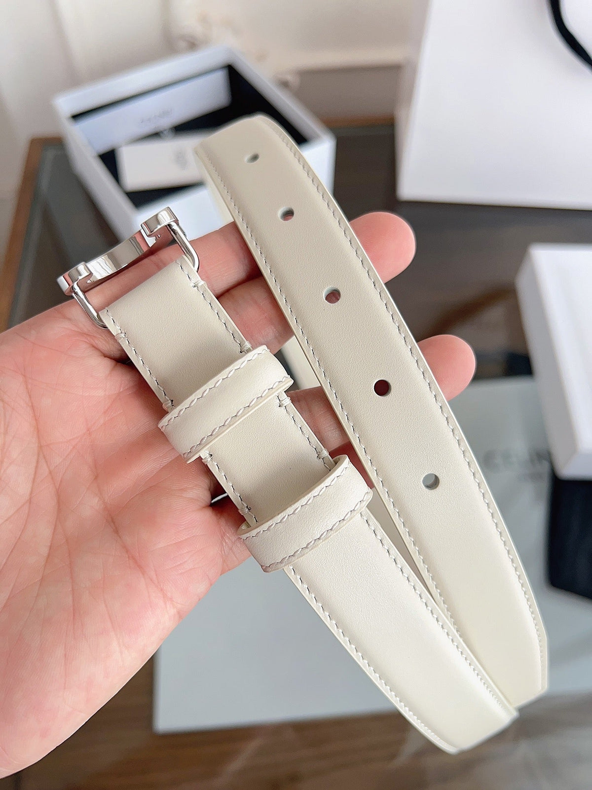 Celine 2026 Triomphe Belt 25mm White Leather 194260