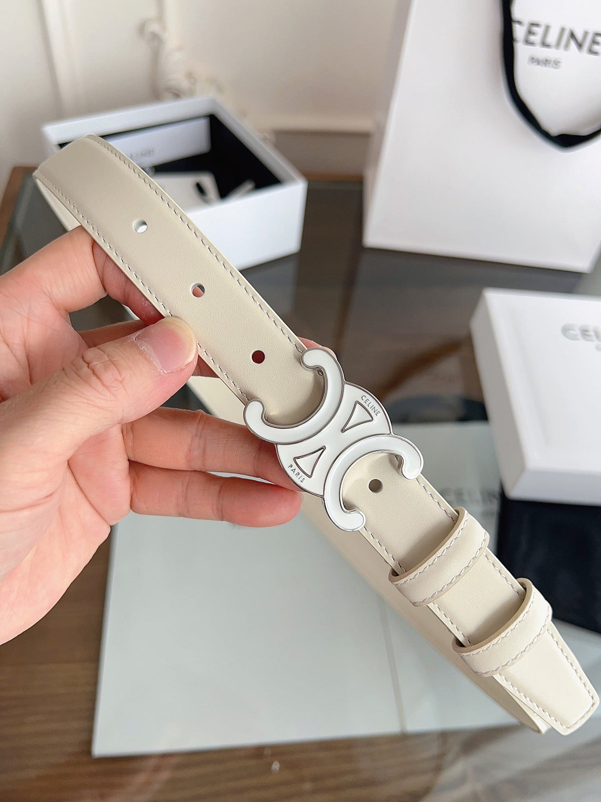Celine 2026 Triomphe Belt 25mm White Leather 194260