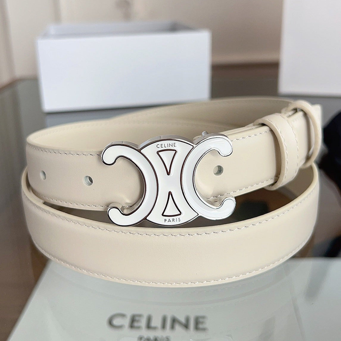Celine 2026 Triomphe Belt 25mm White Leather 194260