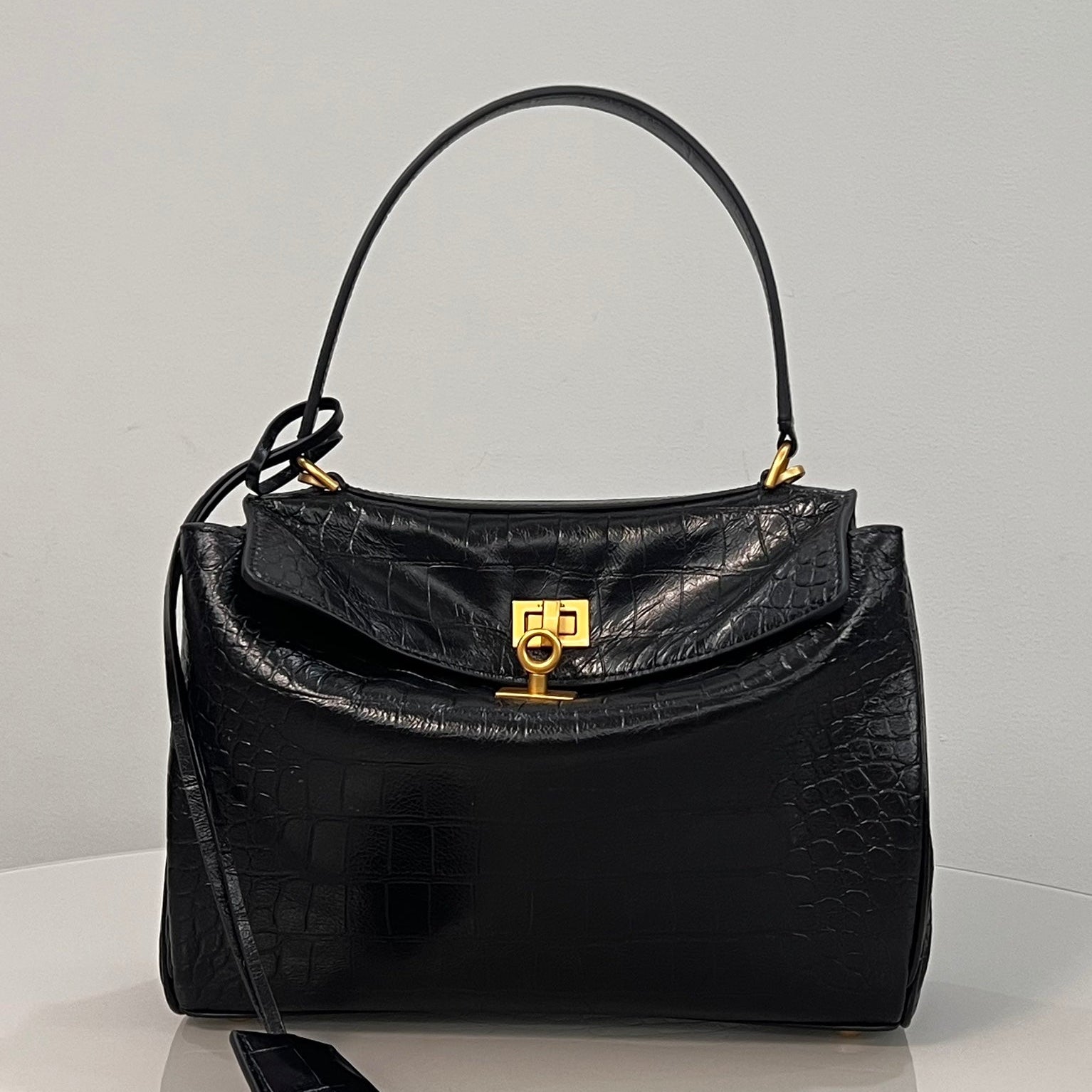 Balenciaga Small Rodeo Crocodile Embossed Bag 29 Black Leather Gold Hardware