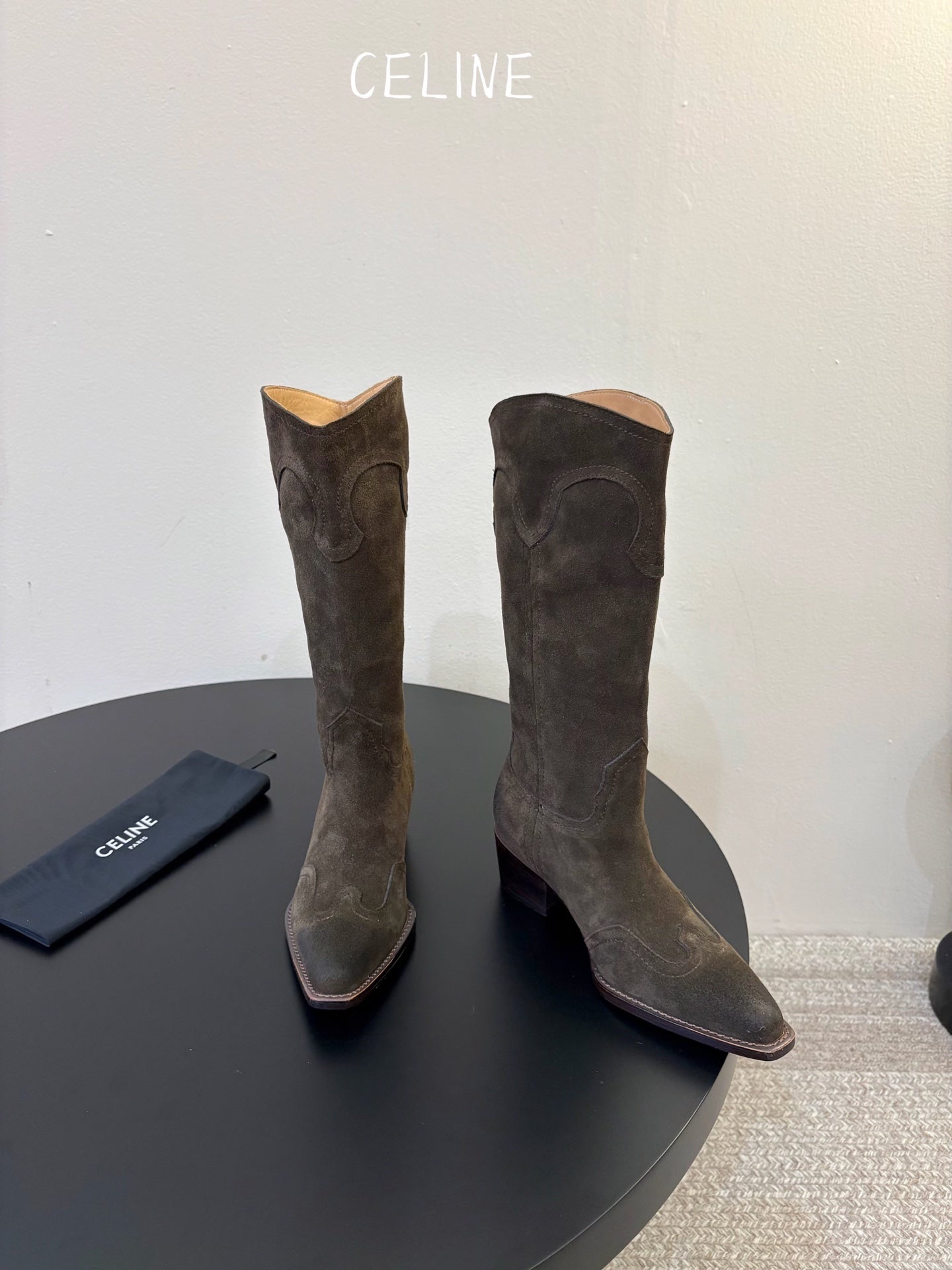 Celine 2026 Embroidered Mid-Calf Boots 50mm Calfskin Suede 104856