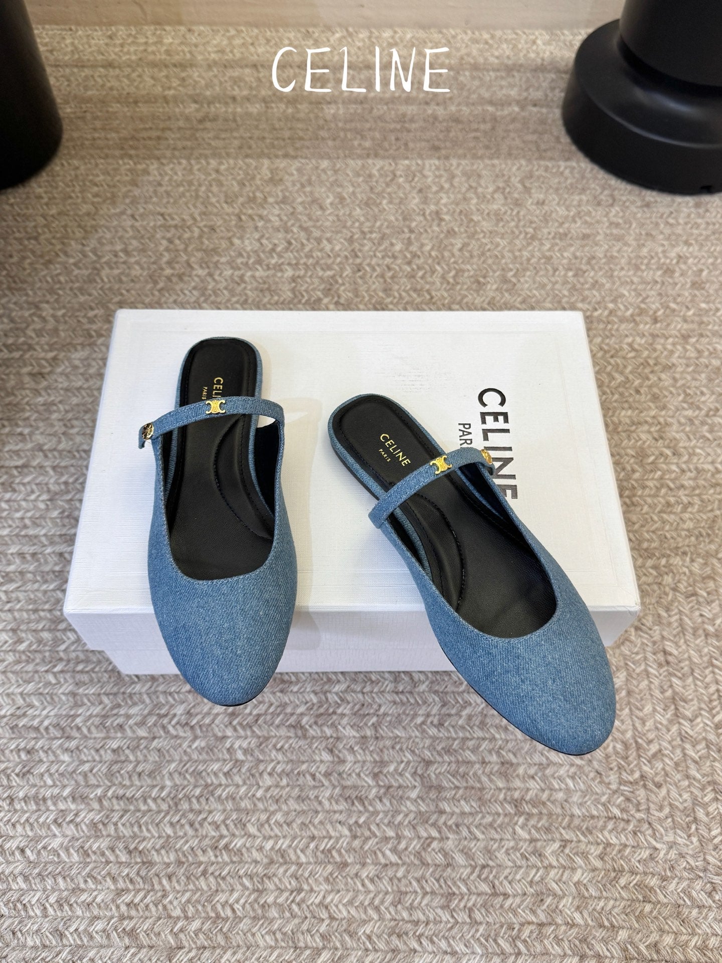 Celine 2026 Arc De Triomphe Flat Mule Calfskin Denim 104875