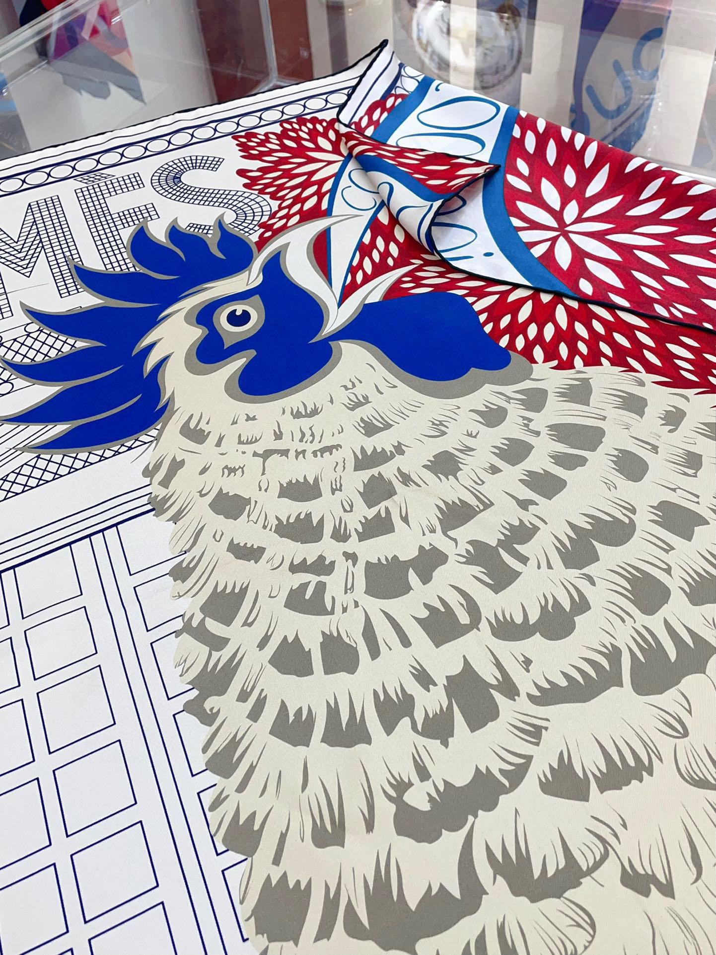 Cocoricooooo! Scarf 90 CM In Red Blue Colorful Silk Twill 348776