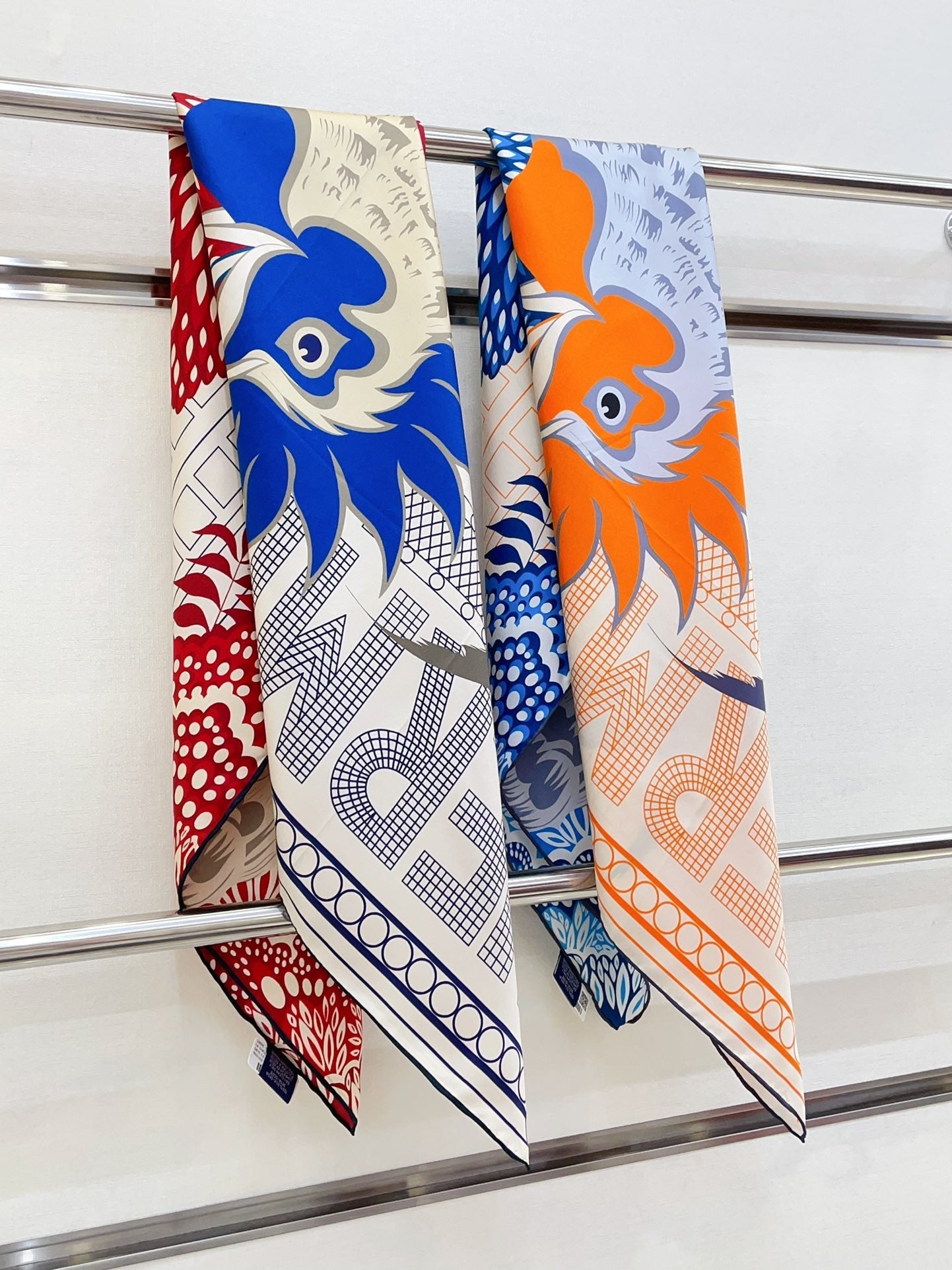 Cocoricooooo! Scarf 90 CM In Red Blue Colorful Silk Twill 348776