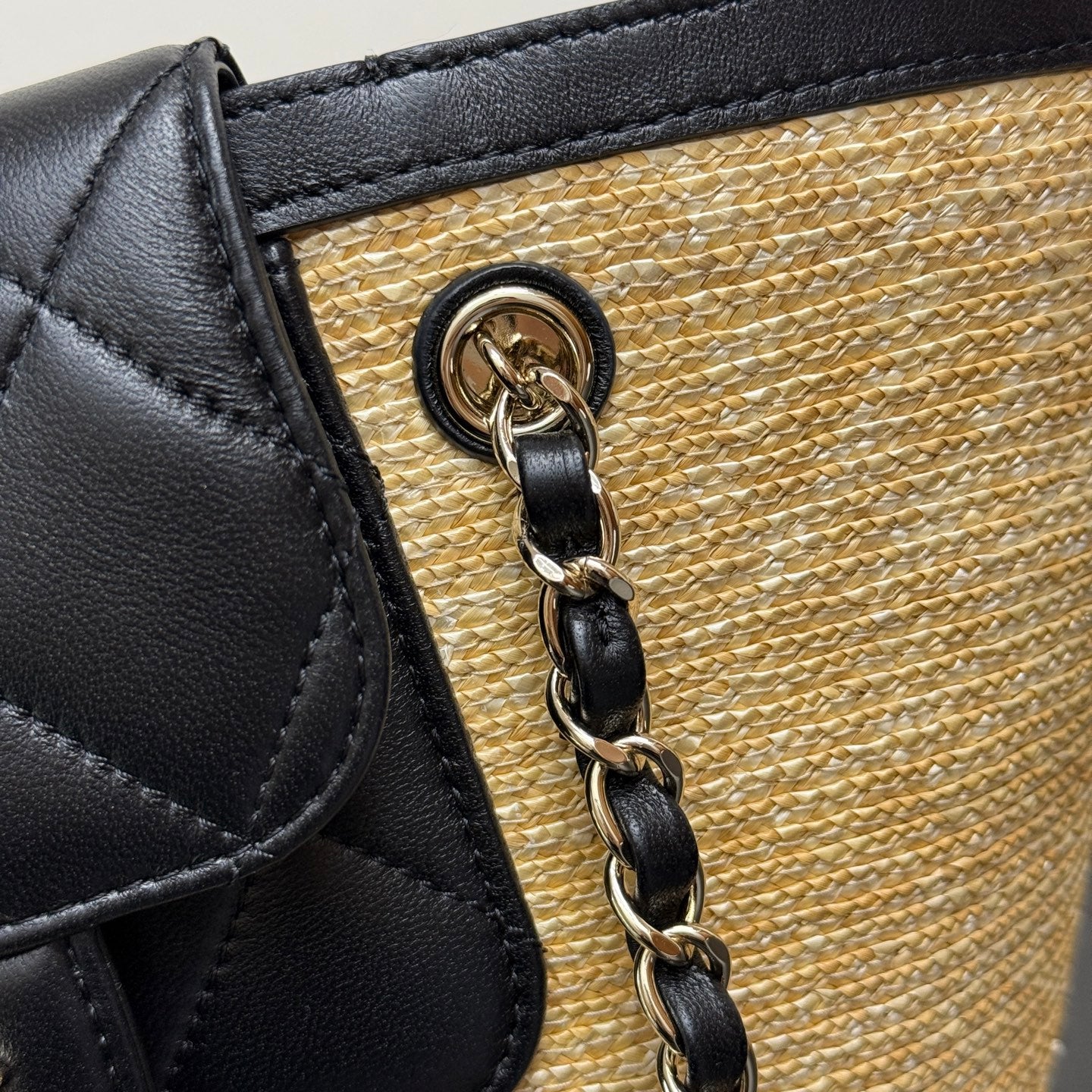 Chanel 2026 Shopping Bag 34cm Beige Black Straw Lambskin