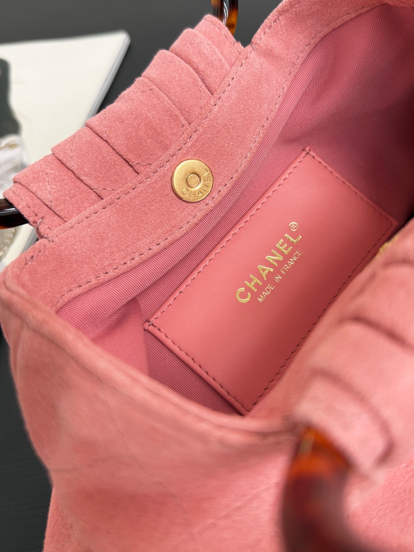 Chanel 2026 Pouch 24cm Pink Tortoiseshell Suede Effect Plexi