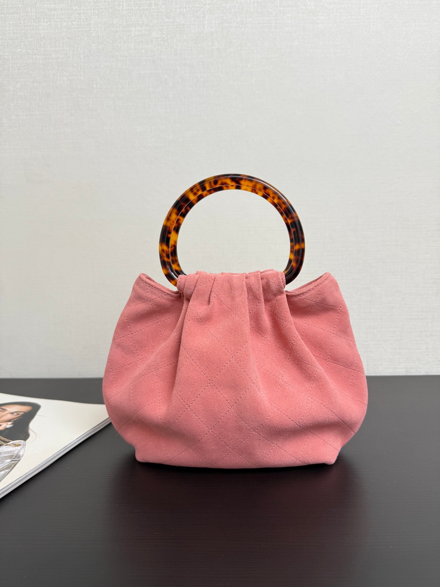 Chanel 2026 Pouch 24cm Pink Tortoiseshell Suede Effect Plexi