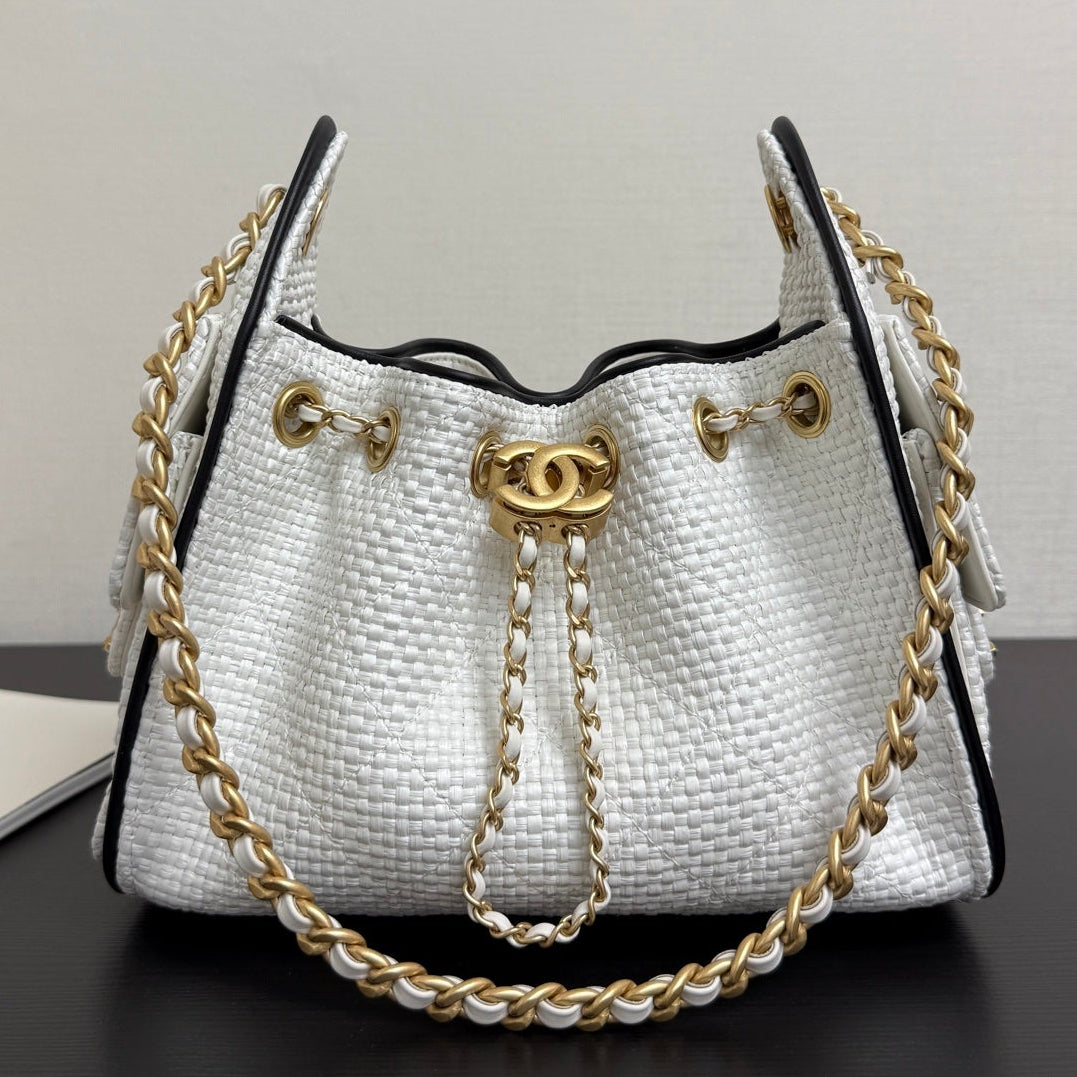 Chanel 2026 Hobo Bag 22cm White Black Woven Leather