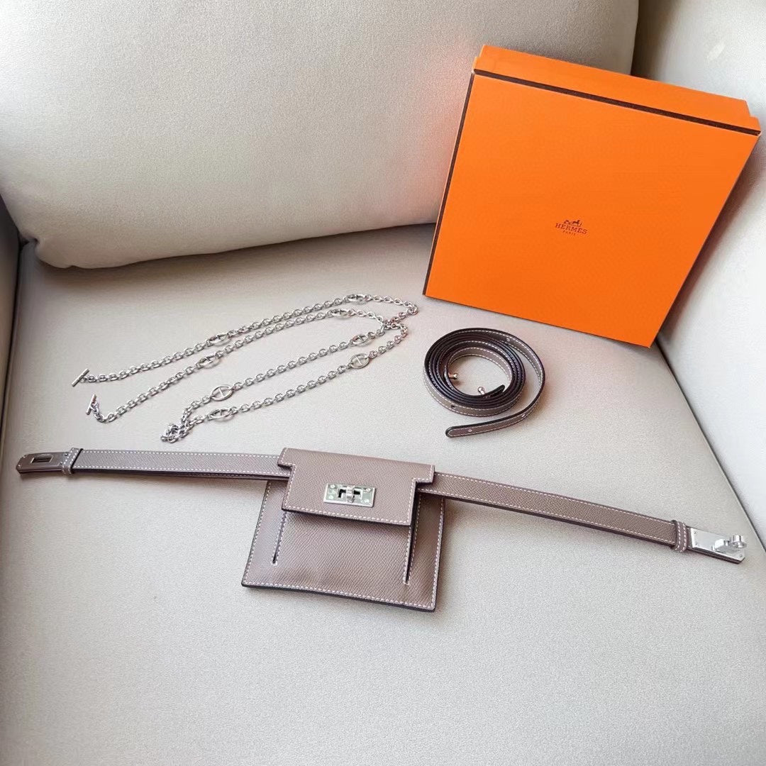 hm kelly belt 18mm with kelly pocket grey epsom silver hardware