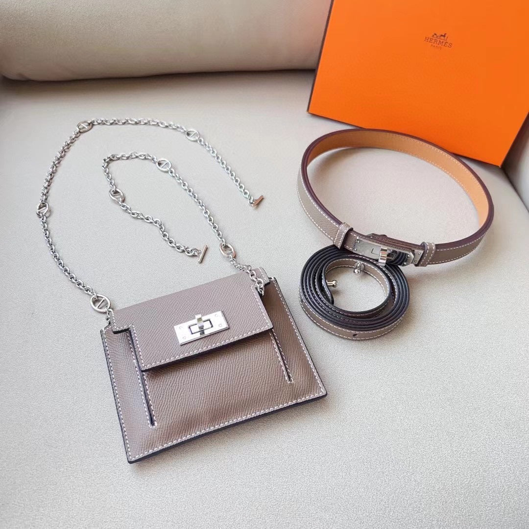 hm kelly belt 18mm with kelly pocket grey epsom silver hardware
