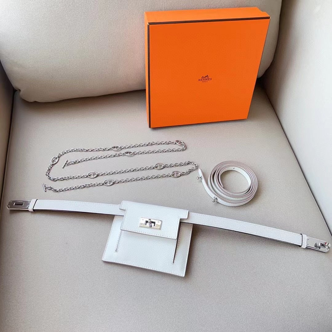 hm kelly belt 18mm with kelly pocket white epsom silver hardware