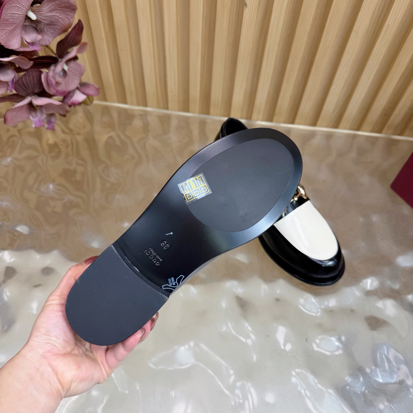 GG 26 Horsebit Loafers Black White Sheepskin 589463