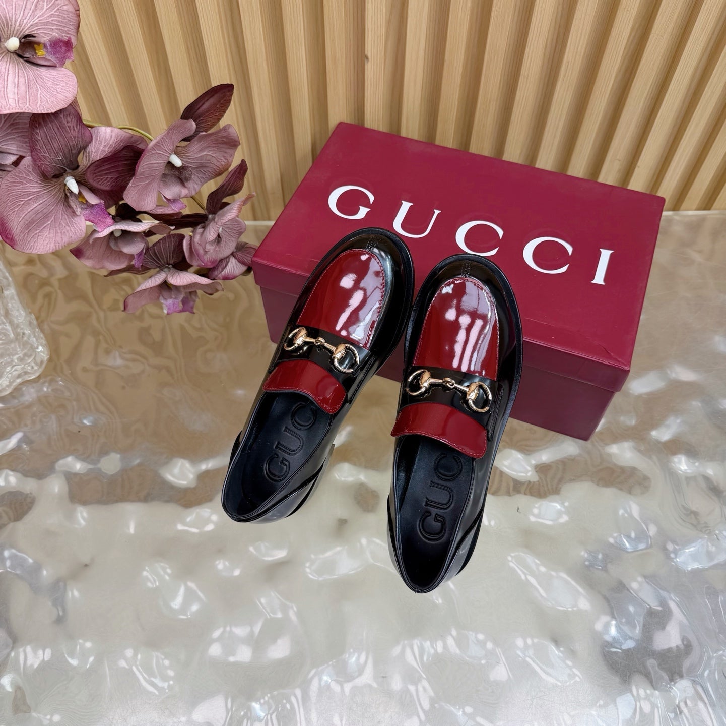 GG 26 Horsebit Loafers Black Red Sheepskin 589464