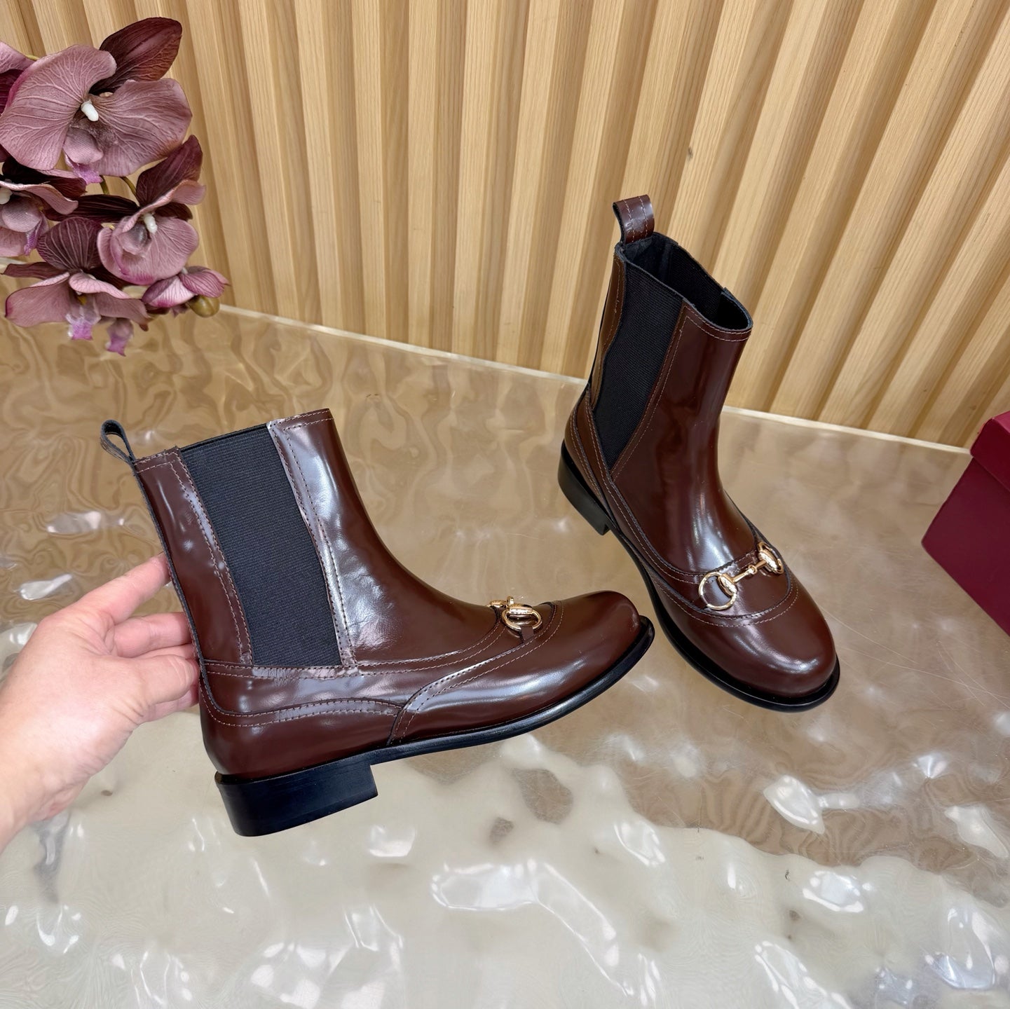 GG 26 Horsebit Martens Boots Glossy Brown Sheepskin 589467