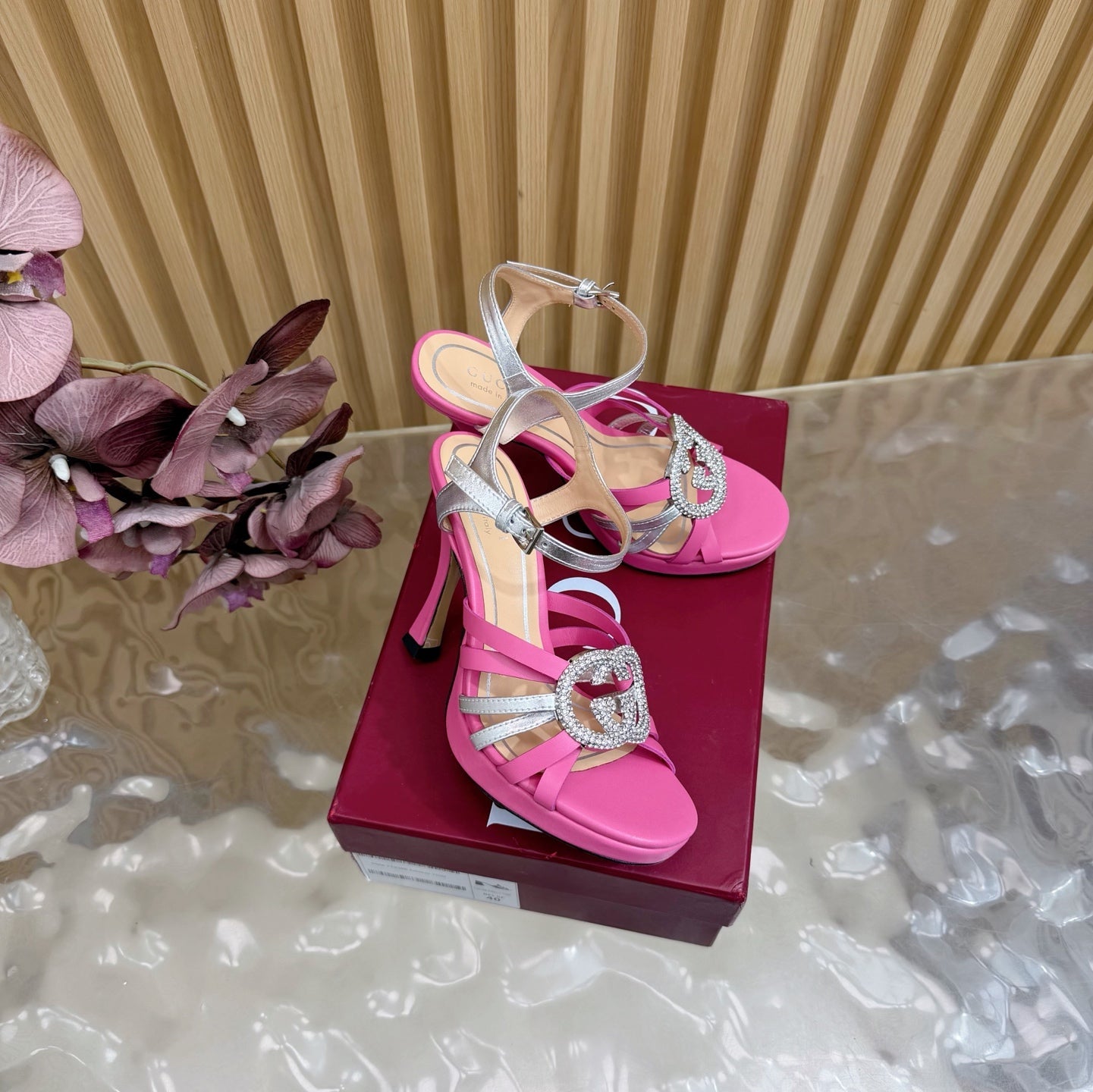GG 26 High-Heeled Platform Sandals 105  Pink Cowhide 589498