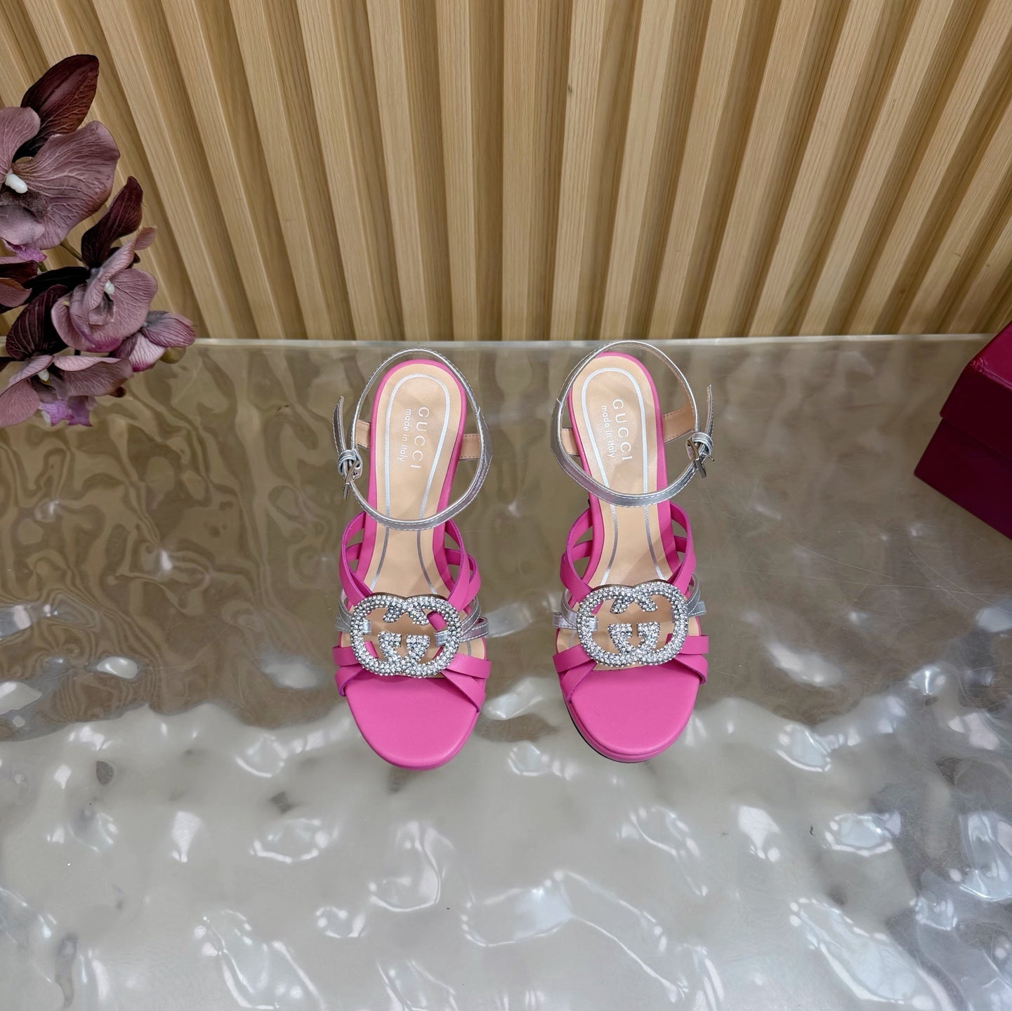 GG 26 High-Heeled Platform Sandals 105  Pink Cowhide 589498