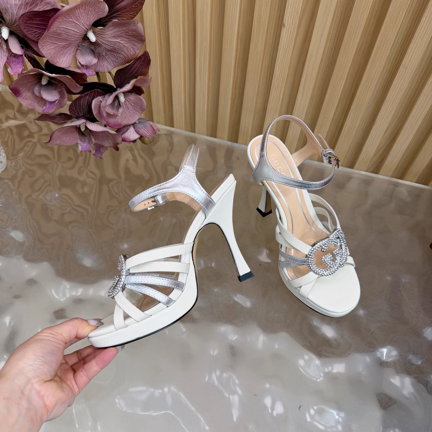 GG 26 High-Heeled Platform Sandals 105 White Cowhide 589499