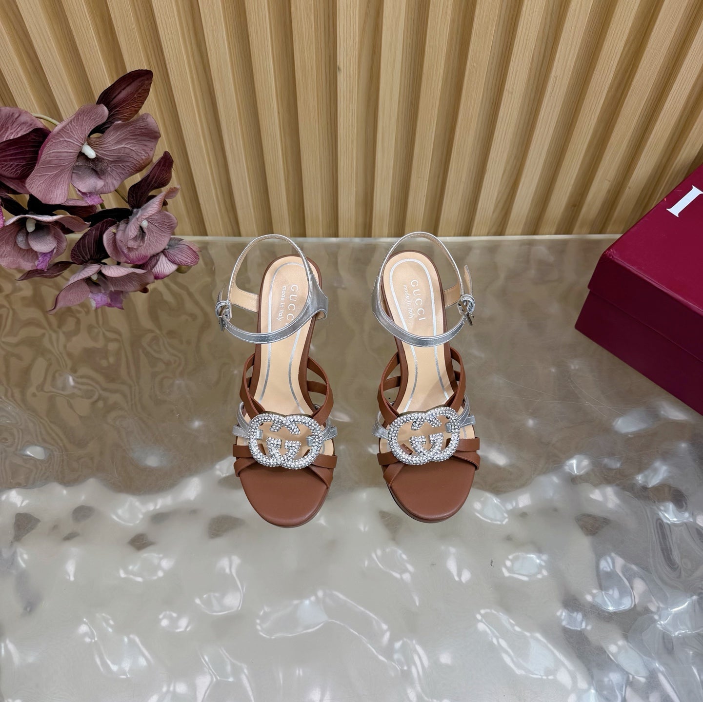 GG 26 High-Heeled Platform Sandals 105 Brown Cowhide 589500