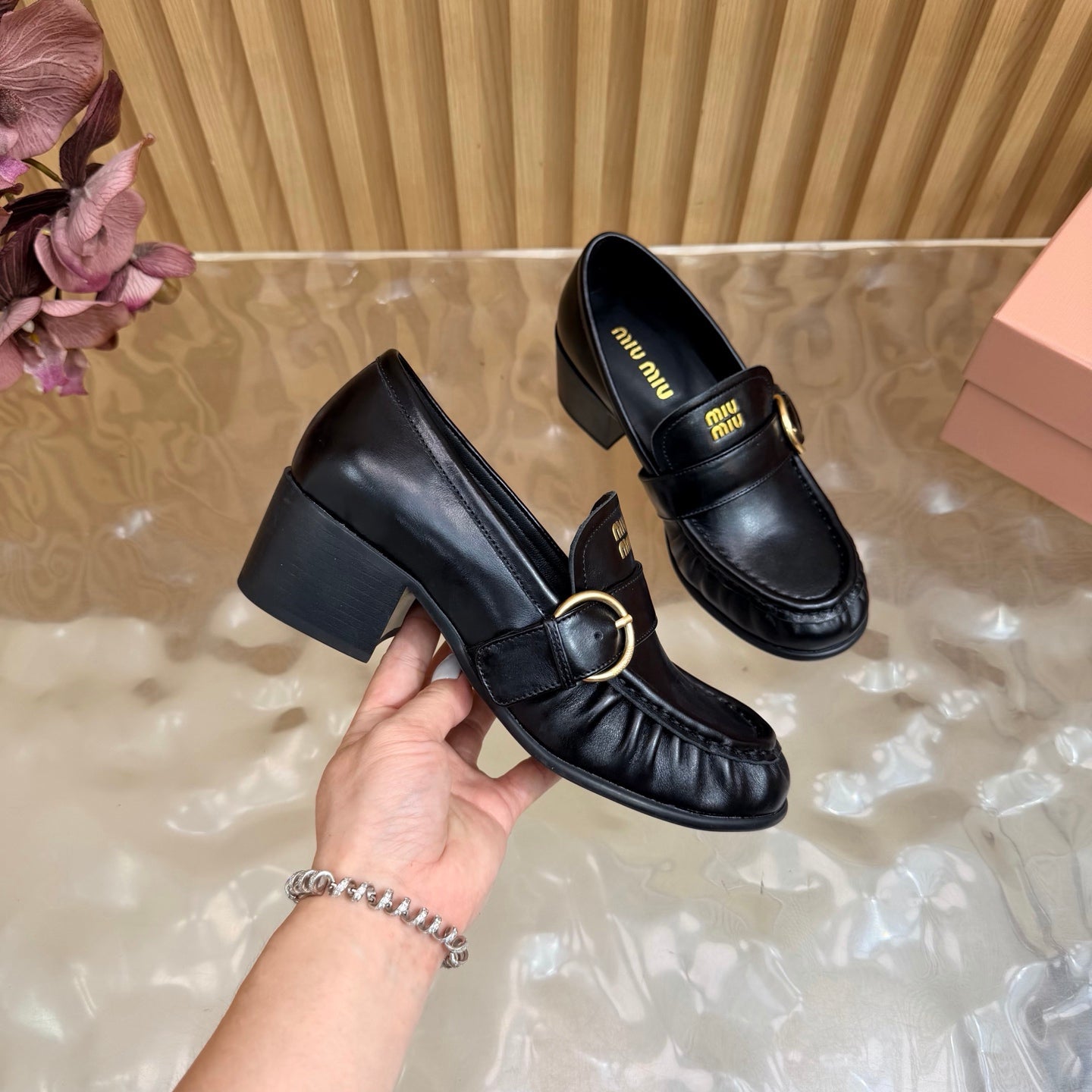 Miu Miu 2026 Buckle Chunky Heel Loafers Cowhide Suede 994167