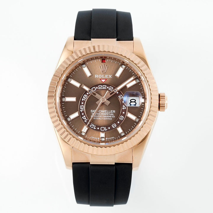 Rolex Sky-Dweller 42mm Rose Gold Case Brown Dial Rubber Strap