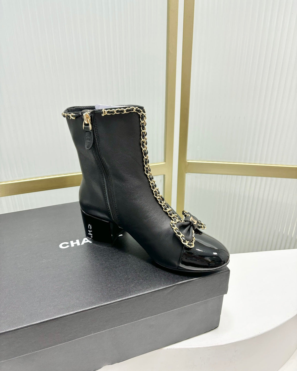 CC Ankle Boot 65 Black Calfskin Patent Calfksin Leather Strap