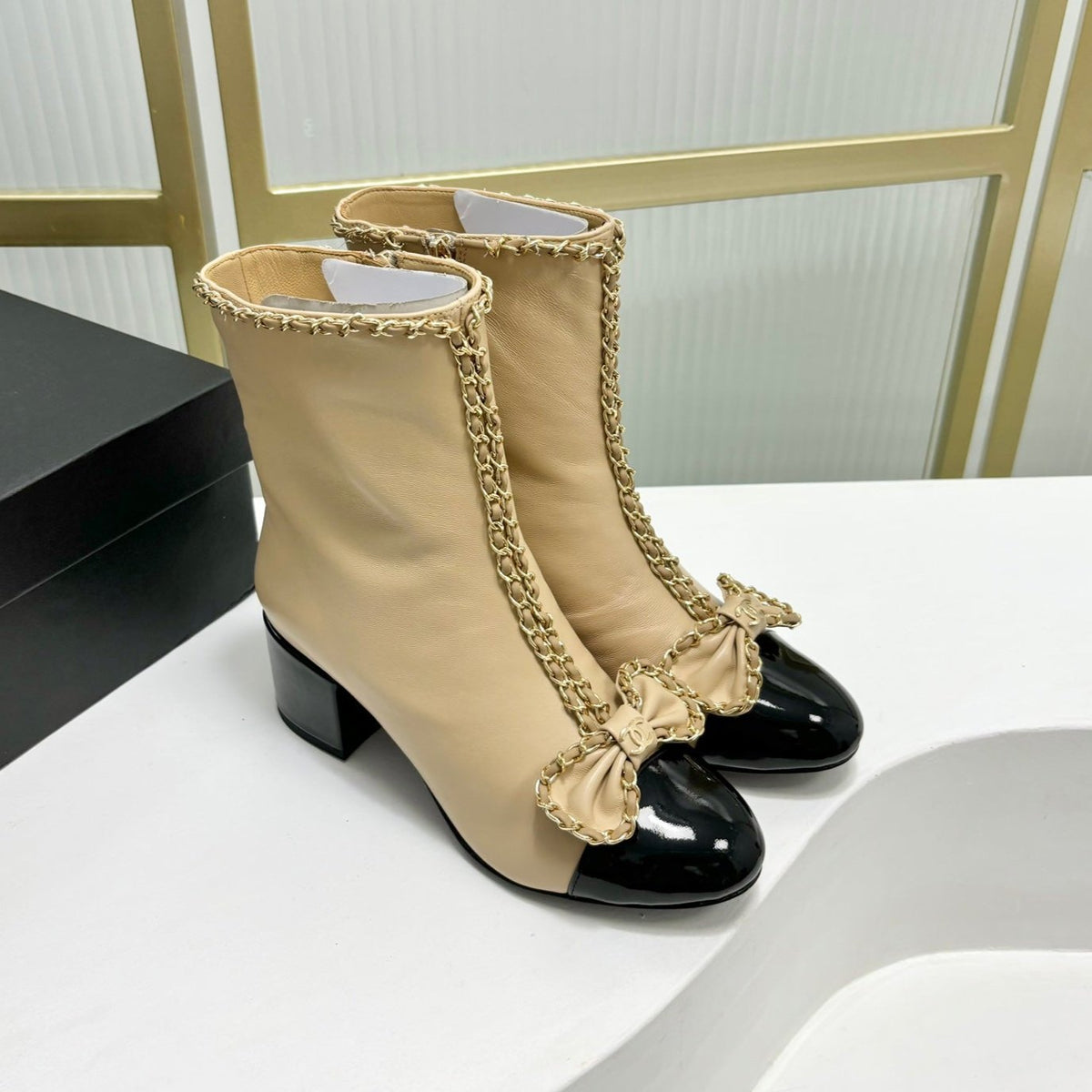 CC Ankle Boot 65 Beige Calfskin Black Patent Calfksin Leather Strap