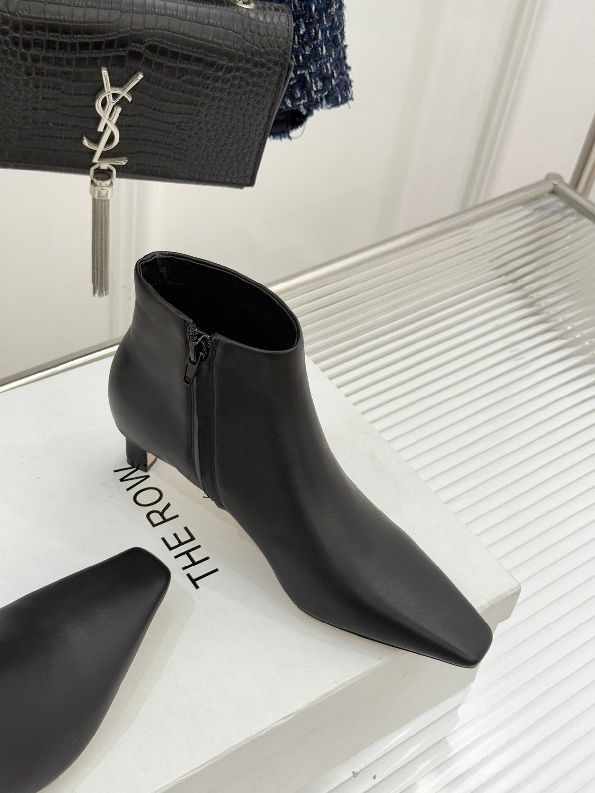 The Row 2025  Square Toe Kitten Heel Ankle Boot Black Sheepskin 572054
